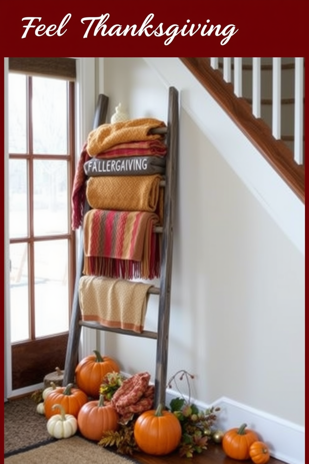 A decorative ladder leans against the wall in the entryway, adorned with a variety of cozy blankets in warm autumn colors. Surrounding the ladder are small pumpkins and seasonal foliage, creating an inviting atmosphere perfect for Thanksgiving.