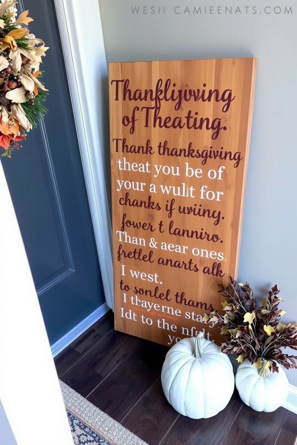 A rustic wooden sign is displayed prominently in the entryway, featuring warm autumn quotes that evoke the spirit of Thanksgiving. Surrounding the sign are decorative elements like small pumpkins and dried leaves, creating a cozy and inviting atmosphere.