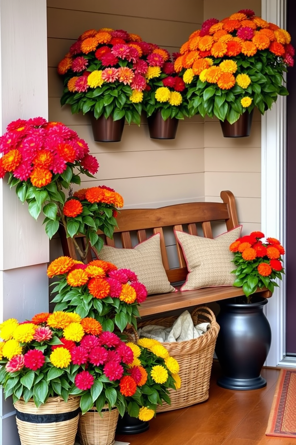 A warm and inviting entryway adorned with potted mums in vibrant colors. The rich hues of the flowers create a cheerful atmosphere, complemented by a rustic wooden bench and a woven basket for storage.