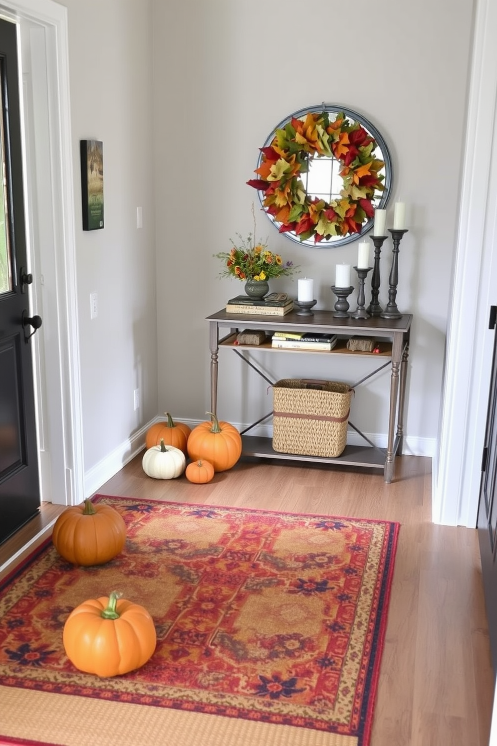 A cozy entryway adorned with layered rugs that add texture and warmth. The first rug is a large natural fiber base, topped with a colorful patterned area rug that complements the autumn decor. Decorative pumpkins in varying sizes are placed strategically on the floor, while a welcoming wreath made of fall foliage hangs on the door. A stylish console table, topped with candles and seasonal accents, invites guests into the home.