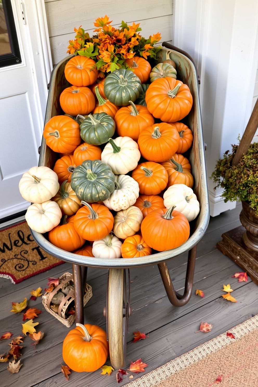 A vintage wheelbarrow is filled to the brim with a variety of pumpkins in shades of orange, white, and green. The wheelbarrow is placed on a rustic wooden porch adorned with autumn leaves and a cozy welcome mat.