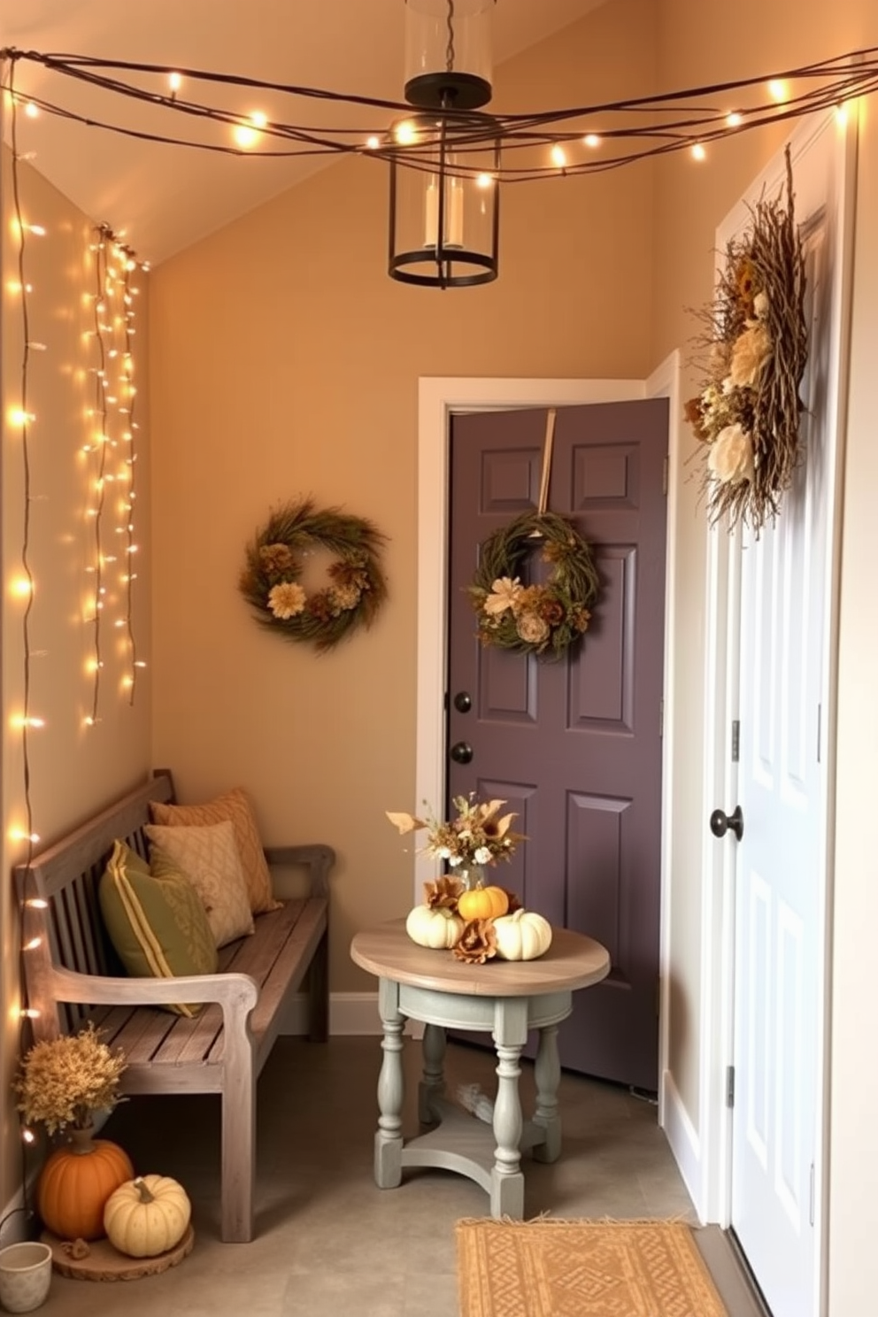 A warm and inviting entryway decorated for Thanksgiving. Colorful leaves are arranged in various glass jars of different shapes and sizes, creating a vibrant display on a rustic wooden console table. Soft, ambient lighting illuminates the space, enhancing the rich autumn colors. A cozy throw blanket drapes over a nearby chair, inviting guests to feel at home.