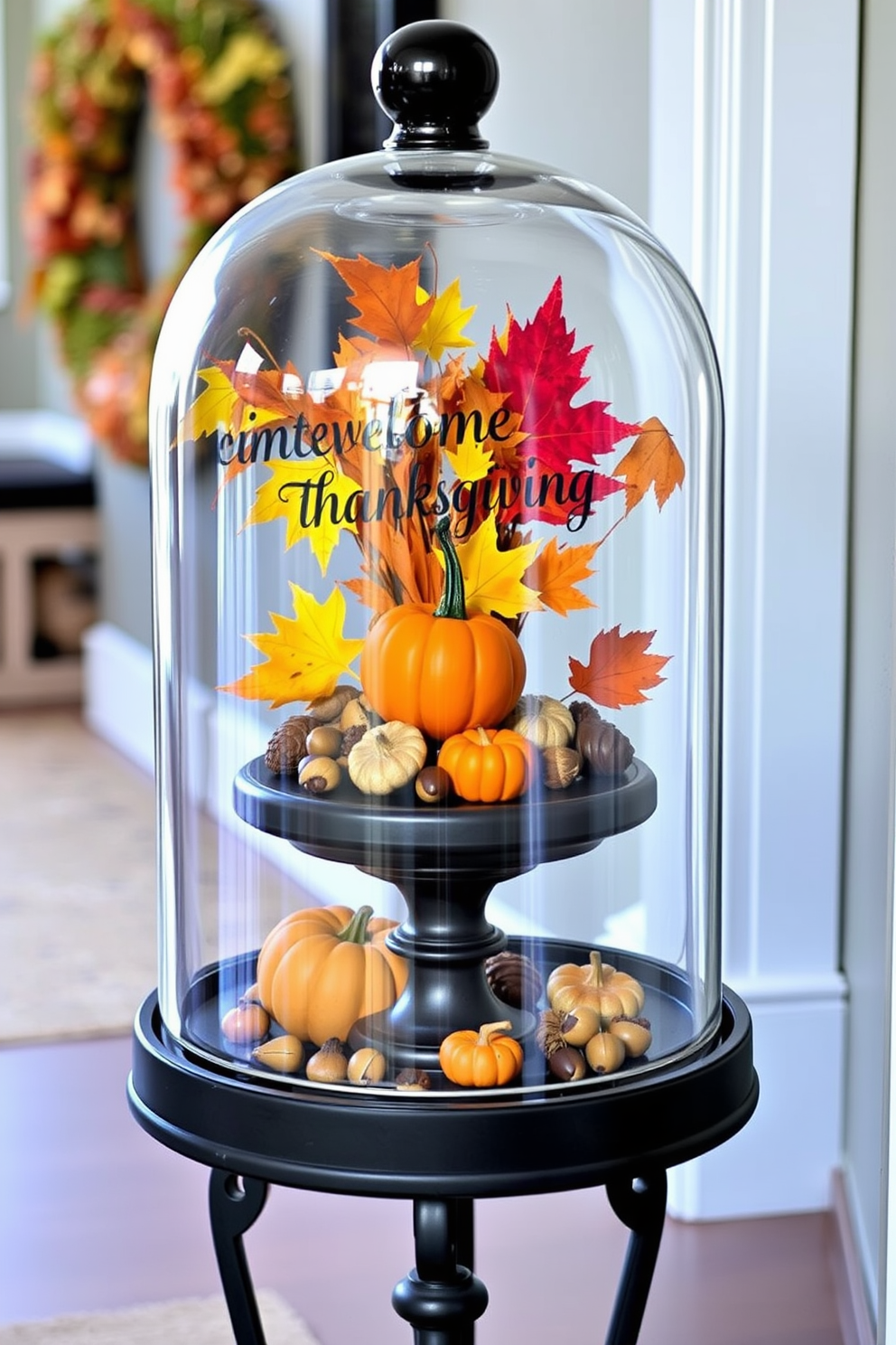 A welcoming entryway features a glass cloche filled with seasonal decor representing Thanksgiving. Inside the cloche, vibrant autumn leaves, miniature pumpkins, and acorns create a festive display that captures the essence of the season.