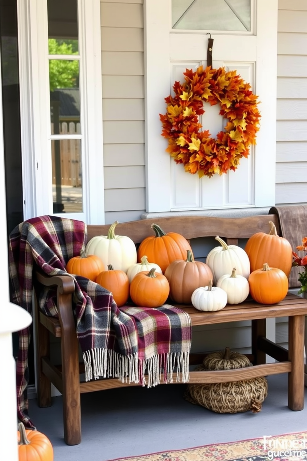 A charming entryway table adorned with a vibrant pumpkin display for Thanksgiving. The table is topped with an assortment of pumpkins in various sizes and colors, complemented by warm autumnal accents like dried leaves and candles.