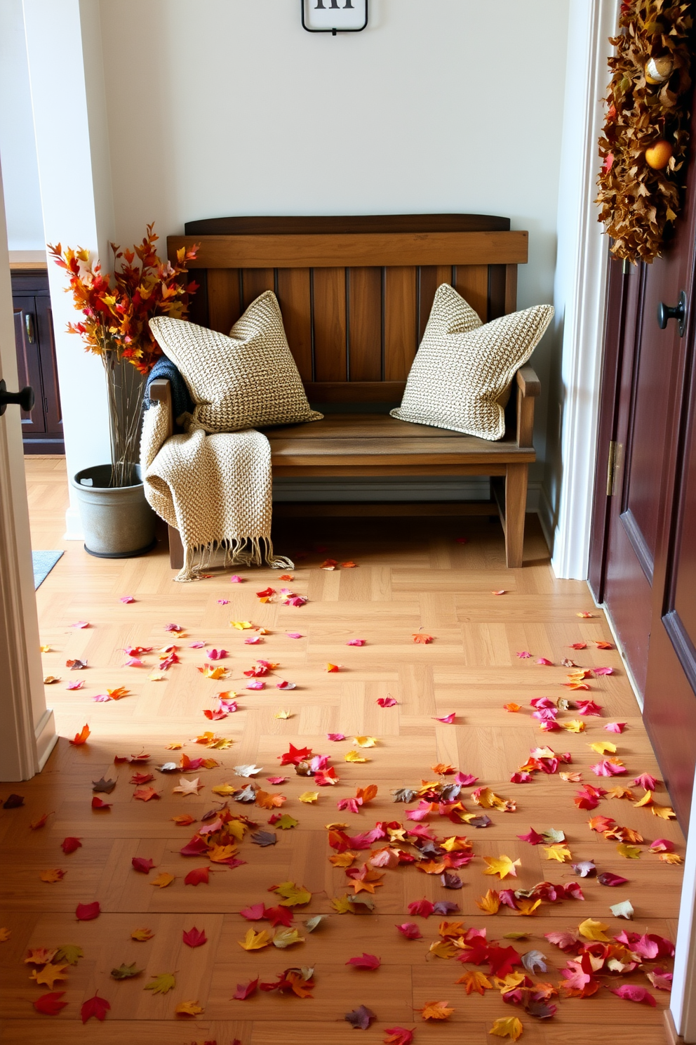 A warm and inviting entryway adorned with colorful leaves scattered across the hardwood floor. A rustic bench sits against the wall, decorated with cozy throw pillows and a woven blanket, creating a welcoming atmosphere for guests.