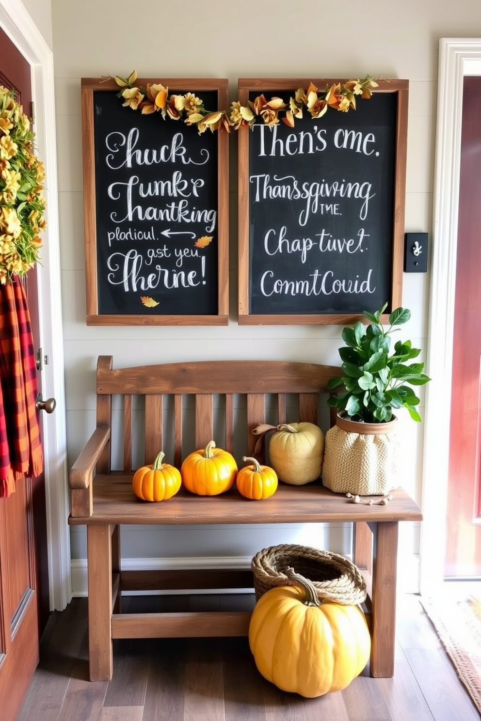 A charming entryway adorned with a chalkboard sign displaying festive Thanksgiving messages. The space is accented with warm autumnal colors, featuring pumpkins and gourds placed on a rustic wooden bench.