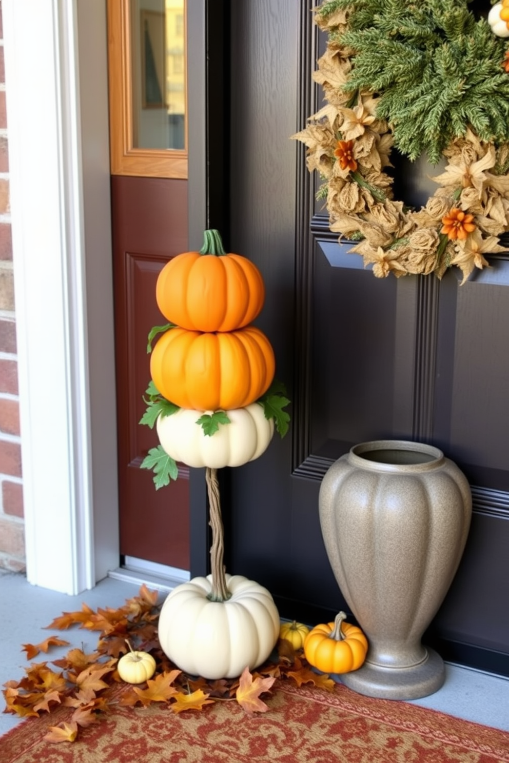 A warm and inviting entryway adorned with twinkling fairy lights nestled in a glass jar. The soft glow of the lights creates a cozy atmosphere, enhancing the autumnal decor with pumpkins and seasonal foliage.