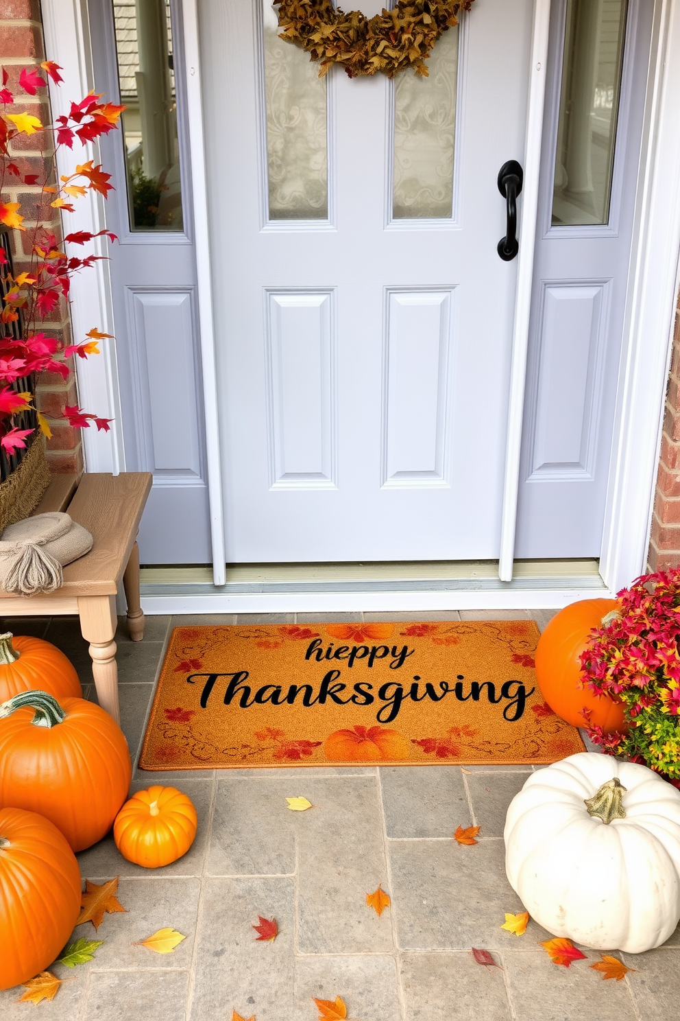 A warm autumn-themed doormat welcomes guests with cheerful Thanksgiving greetings. Surrounding the doormat, the entryway features pumpkins, colorful leaves, and a rustic wooden bench for a cozy seasonal touch.