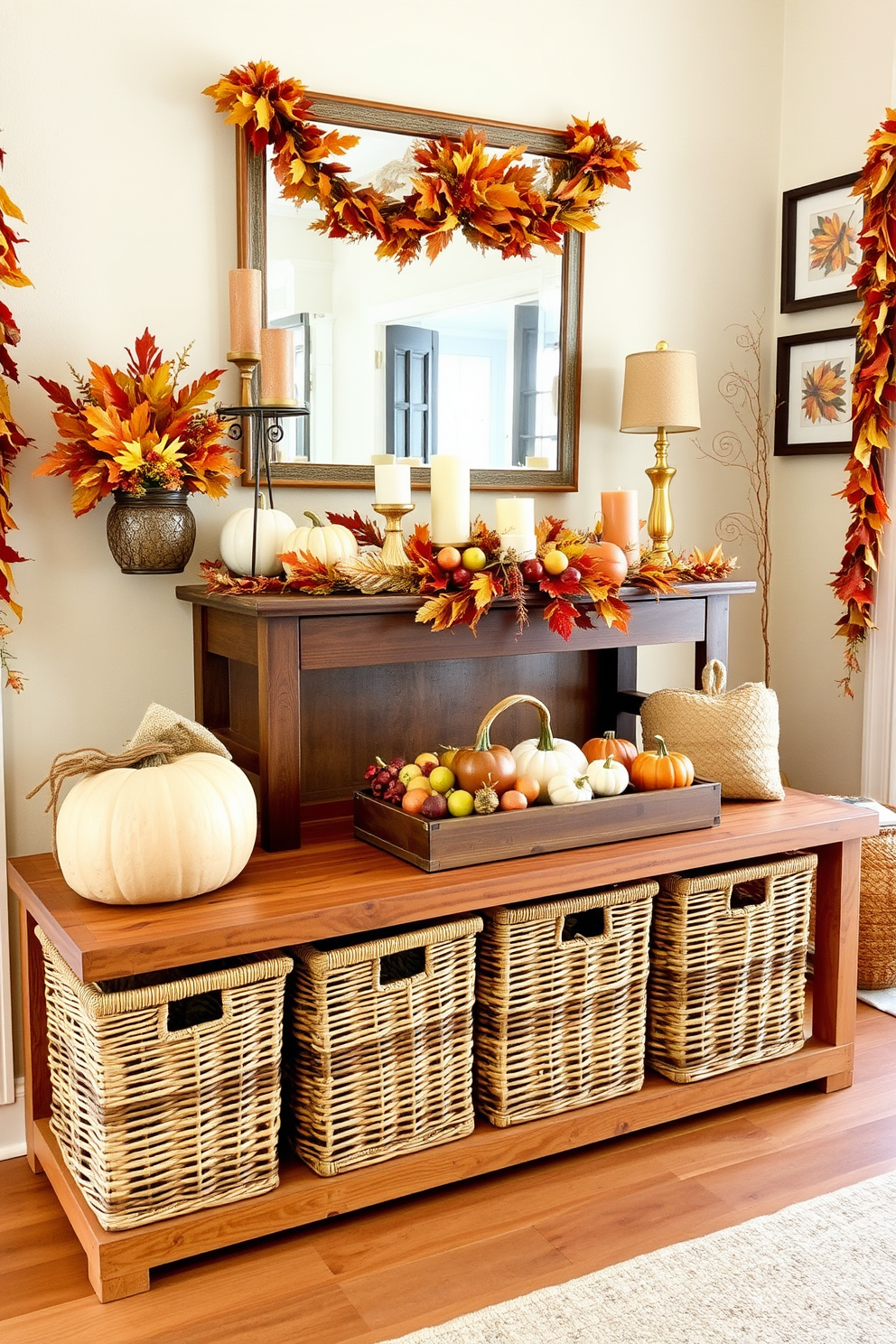 Woven baskets are arranged neatly in a rustic wooden bench, providing a stylish solution for storing outdoor items. The entryway features a warm color palette with autumn-themed decorations, including pumpkins and garlands made of dried leaves. Thanksgiving decorations are creatively displayed on a console table, adorned with a centerpiece of seasonal fruits and candles. The walls are decorated with framed autumn-themed artwork, enhancing the welcoming atmosphere of the entryway.