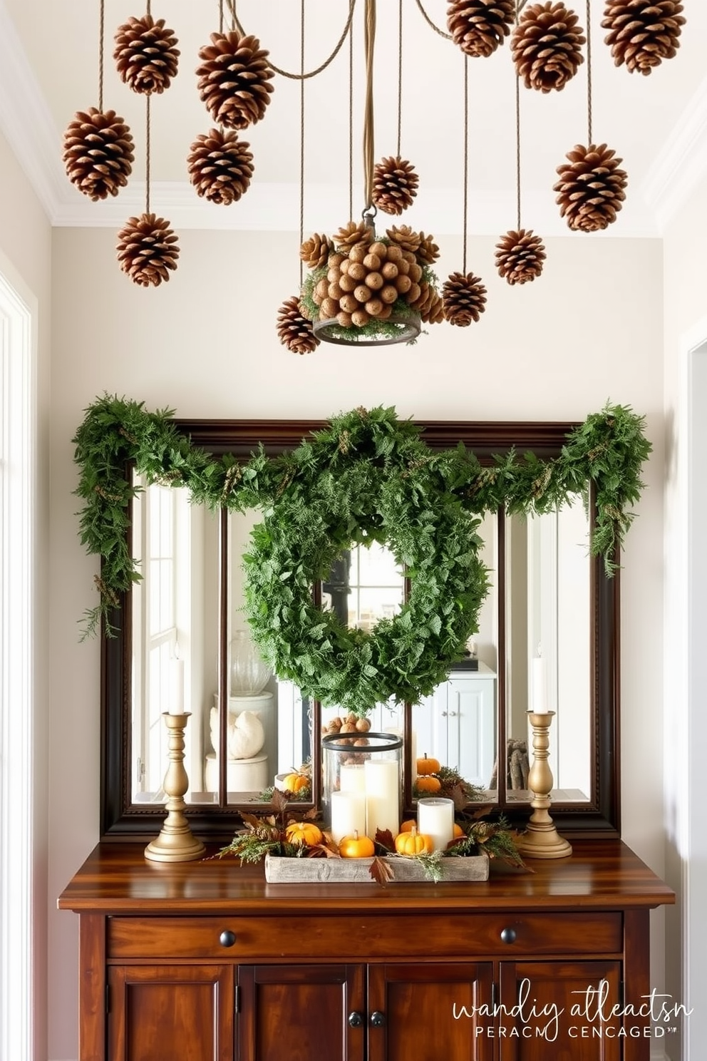 Create a warm and inviting entryway for Thanksgiving. The ceiling is adorned with hanging pinecone ornaments, adding a rustic charm to the space. Incorporate a rich wooden console table against the wall. On the table, place a seasonal centerpiece featuring pumpkins, candles, and autumn leaves.