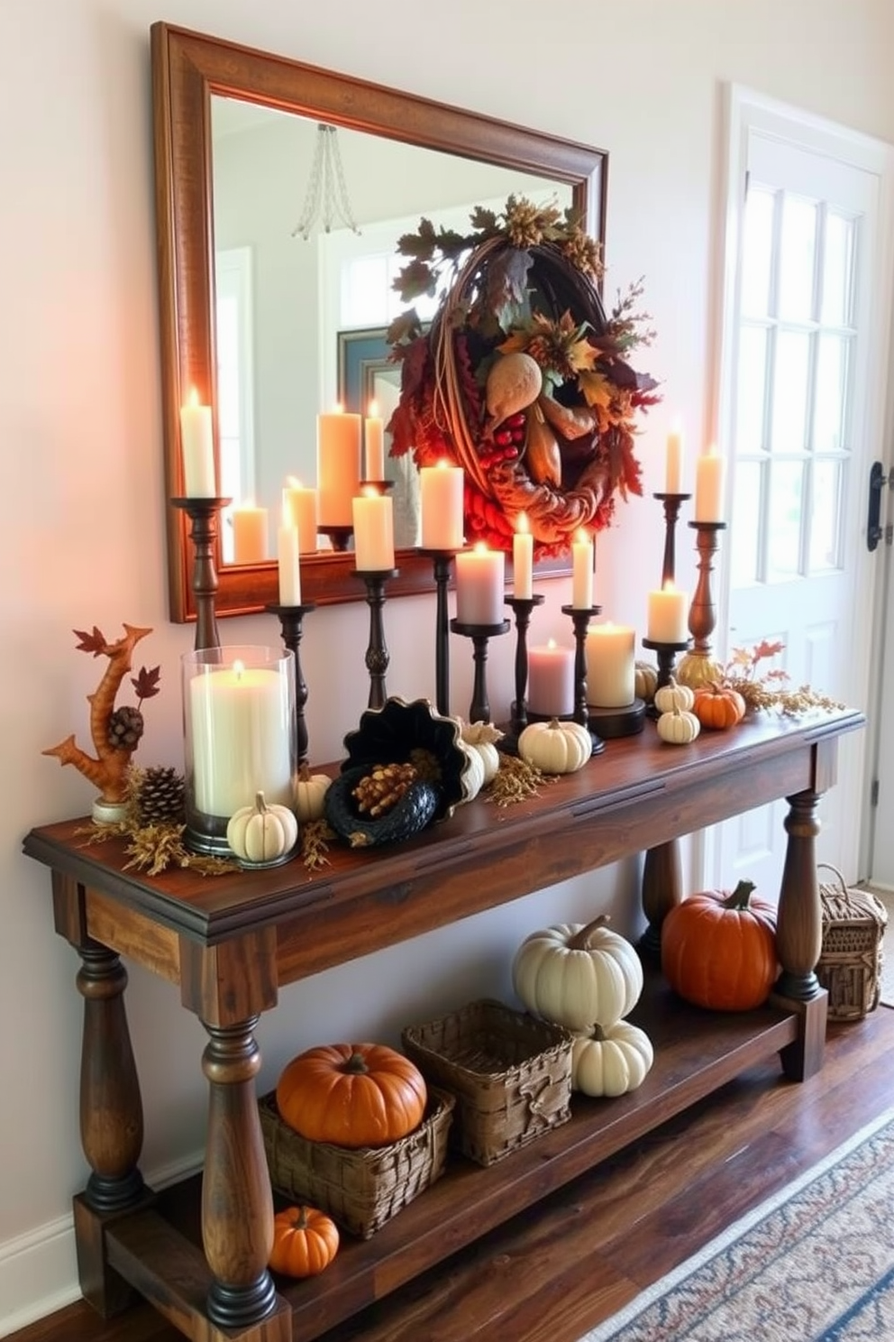 A warm and inviting entryway decorated for Thanksgiving features a rustic wooden console table adorned with an array of seasonal scented candles in autumnal hues. Surrounding the candles are small pumpkins and a decorative cornucopia, creating a festive and cozy atmosphere that welcomes guests.