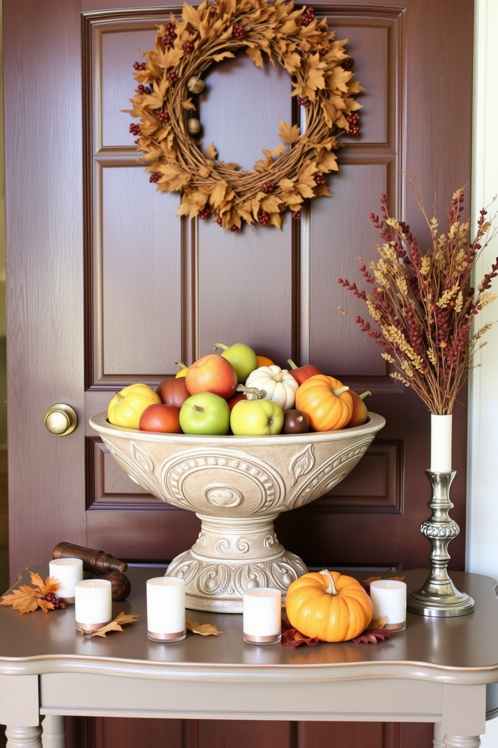 A warm and inviting entryway features a woven wall hanging in rich autumn colors that captures the essence of Thanksgiving. The wall hanging is complemented by a rustic wooden bench adorned with cozy throw pillows in coordinating hues, creating a welcoming atmosphere.