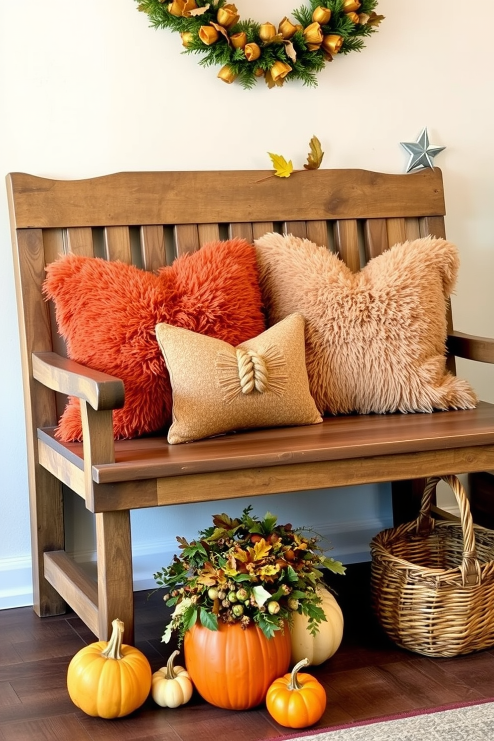 A warm and inviting entryway adorned with a hanging garland of dried leaves. The garland gracefully drapes across the top of the door frame, adding a touch of autumn charm to the space. Beneath the garland, a rustic wooden bench is positioned against the wall. On the bench, a few decorative pillows in earthy tones invite guests to sit and enjoy the seasonal decor.