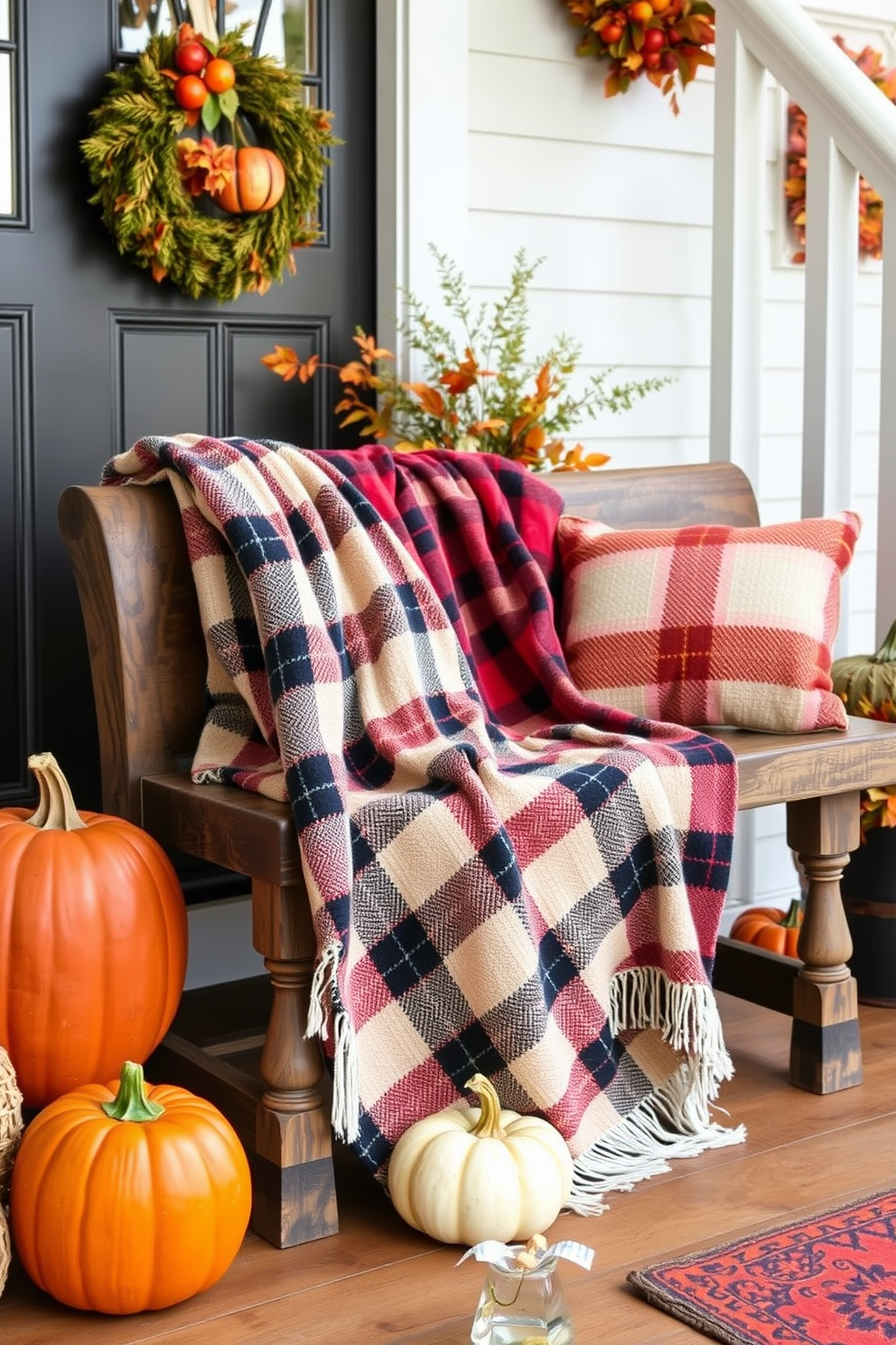 Cozy plaid blanket draped over a rustic wooden bench. The entryway features warm autumn decorations with pumpkins and seasonal foliage.