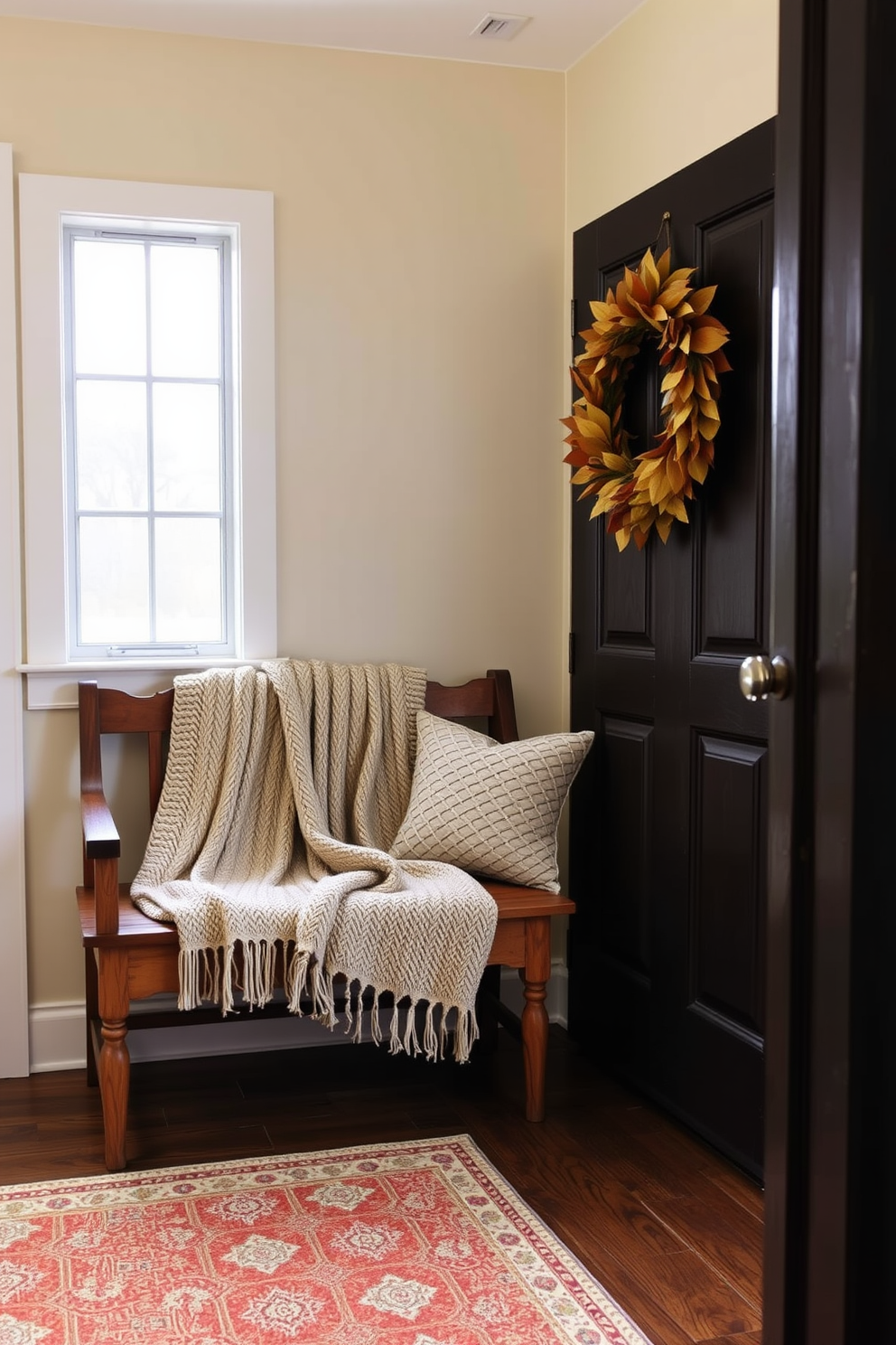 A cozy entryway featuring a wooden bench adorned with a warm knitted throw. The walls are painted in a soft cream color, and a decorative wreath made of autumn leaves hangs on the door.