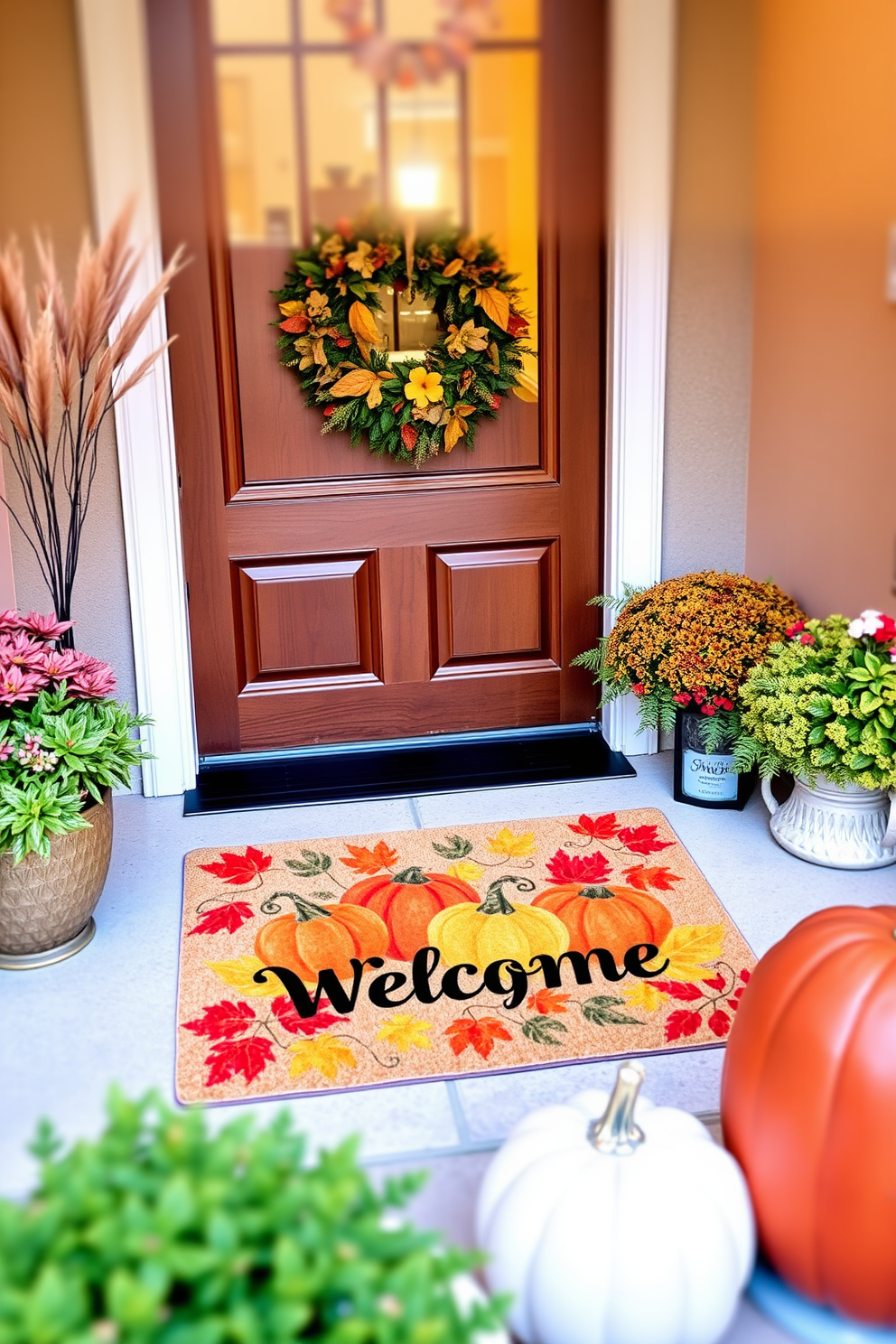 A harvest-themed welcome mat is placed at the entrance, featuring vibrant autumn leaves and pumpkins. The entryway is adorned with warm, inviting colors, creating a festive atmosphere for Thanksgiving.