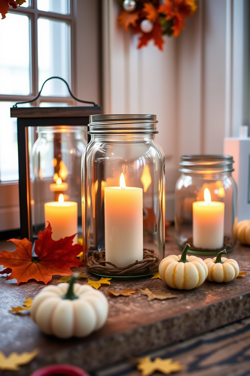 A cozy entryway adorned with a harvest-themed welcome mat that features vibrant autumn leaves and pumpkins. The space is complemented by a rustic wooden bench and a small table decorated with seasonal gourds and a warm candle arrangement.