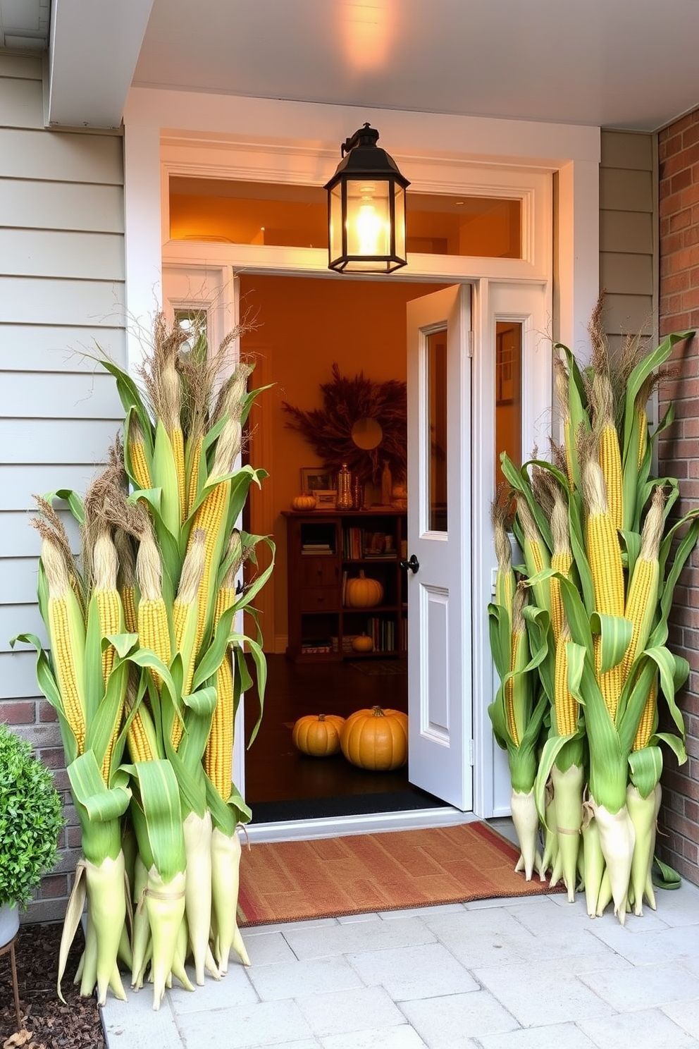 Corn stalks flanking the entryway create a warm and inviting atmosphere for Thanksgiving. The vibrant yellow and green hues of the corn add a rustic charm, welcoming guests into a cozy home.