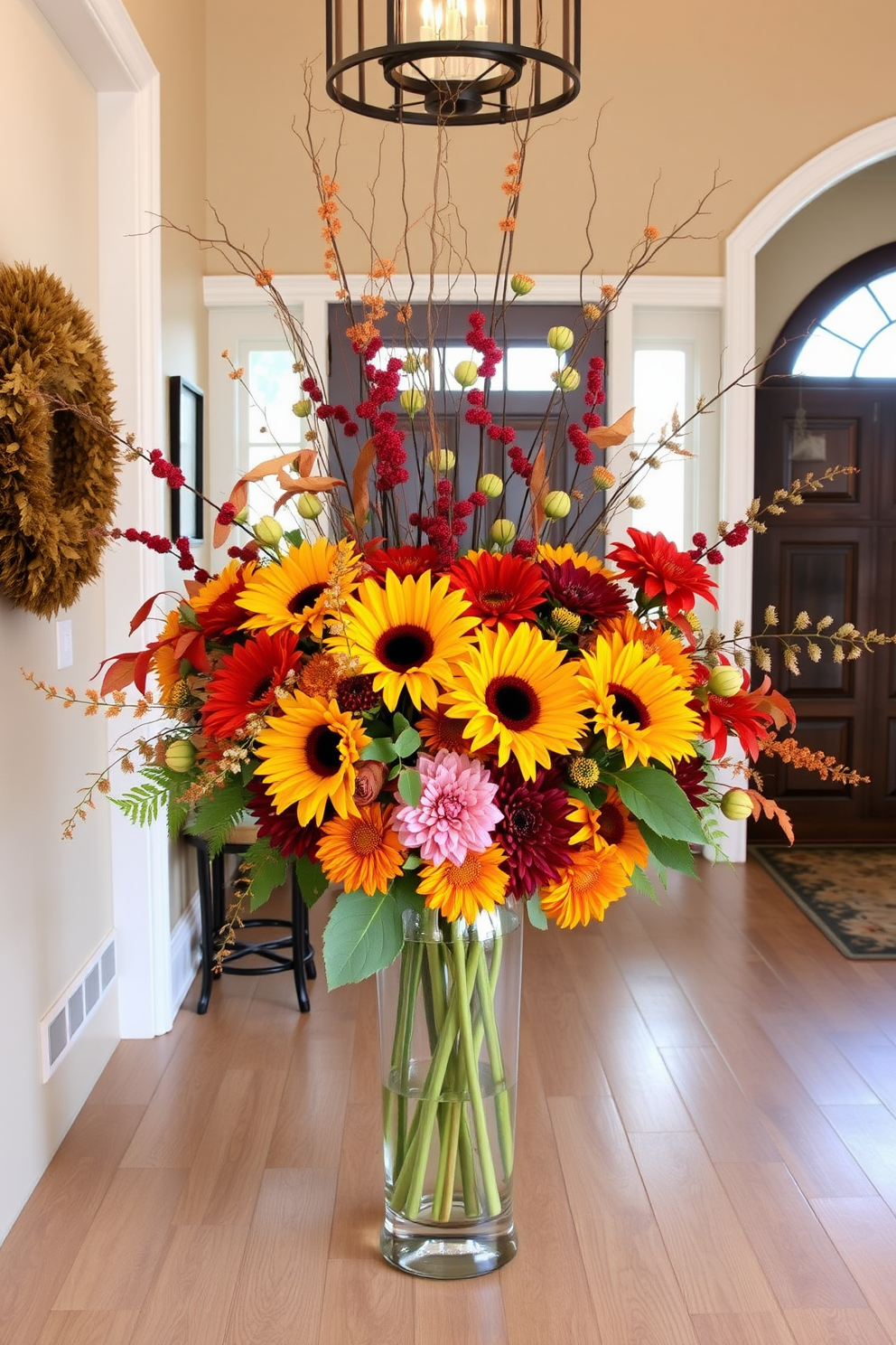 A stunning entryway featuring a fall floral arrangement in a large glass vase. The vase is filled with vibrant autumn flowers such as sunflowers, chrysanthemums, and dahlias, complemented by seasonal foliage and berries.