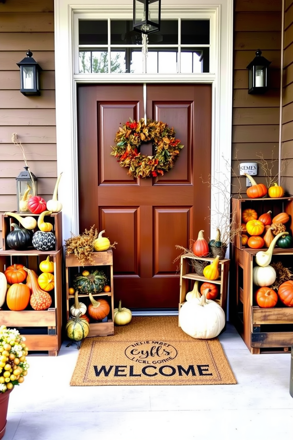 A warm and inviting entryway featuring a beautifully arranged gourd collection nestled in a rustic woven basket. The vibrant colors of the gourds complement the autumn-themed decor, creating a festive atmosphere for Thanksgiving.