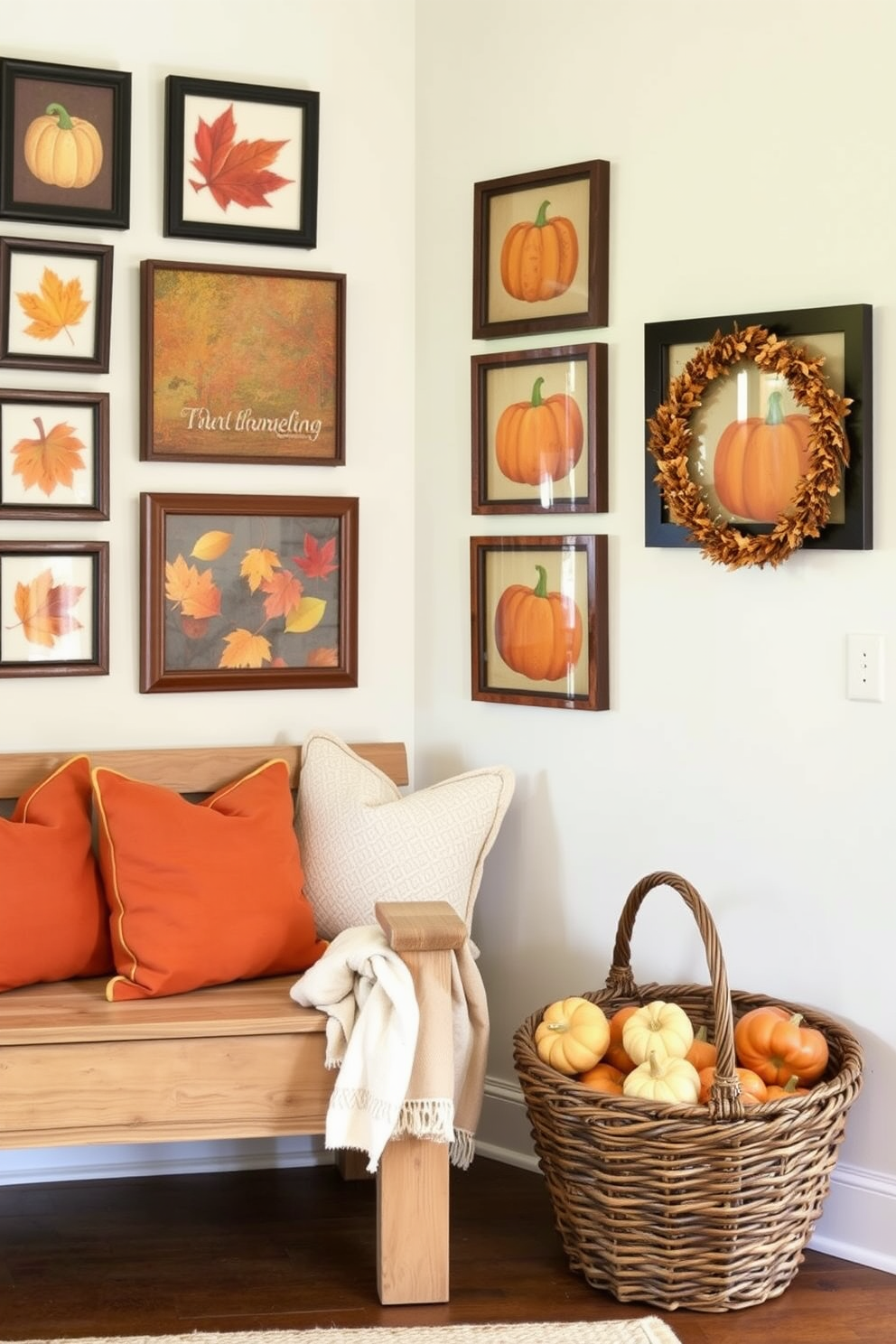 A cozy entryway adorned with Thanksgiving-themed wall art. The walls feature a collection of framed autumn leaves and pumpkins, creating a warm and inviting atmosphere. A rustic wooden bench is placed against one wall, decorated with plush cushions in fall colors. A woven basket filled with seasonal gourds sits at the foot of the bench, enhancing the festive spirit.