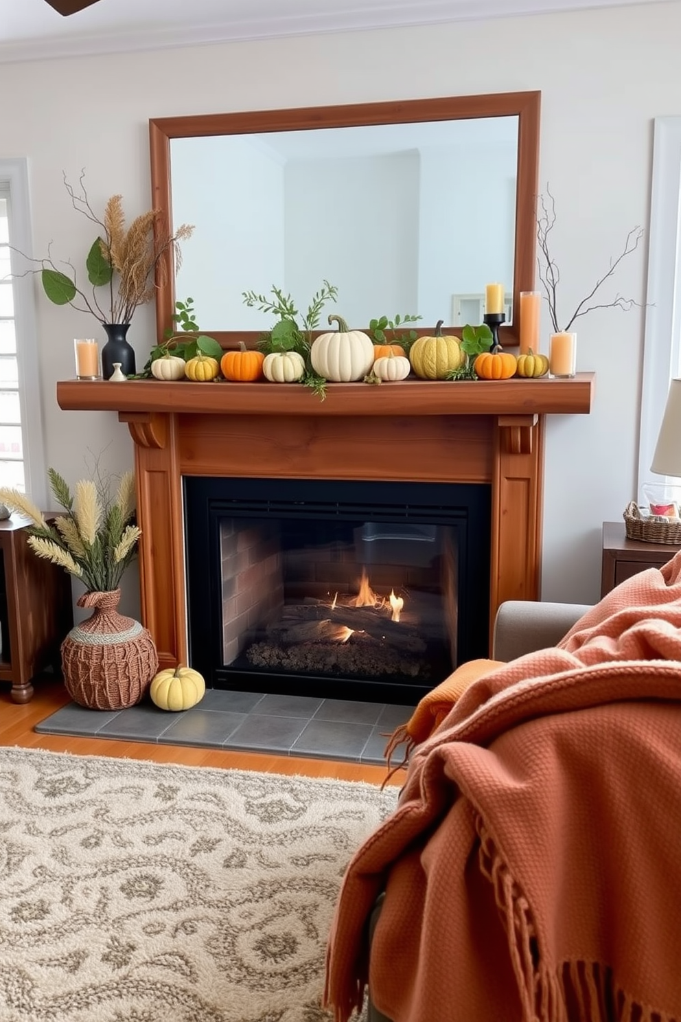 A rustic wooden mantel adorned with an array of vibrant pumpkins in various sizes and colors creates a warm and inviting atmosphere. Above the mantel, a simple garland of autumn leaves adds a touch of seasonal charm, complementing the cozy fireplace below.