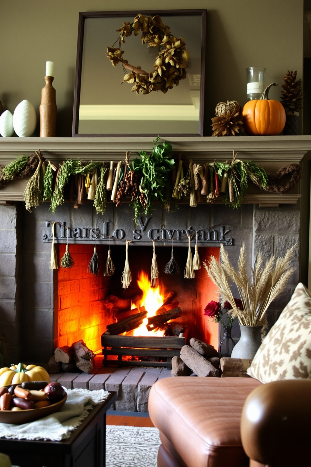 A cozy living room adorned for Thanksgiving features a rustic fireplace with a mantel decorated with an array of hanging dried herbs and spices. The warm glow of the fire illuminates the earthy tones of the decor, creating an inviting atmosphere perfect for gathering with family and friends.