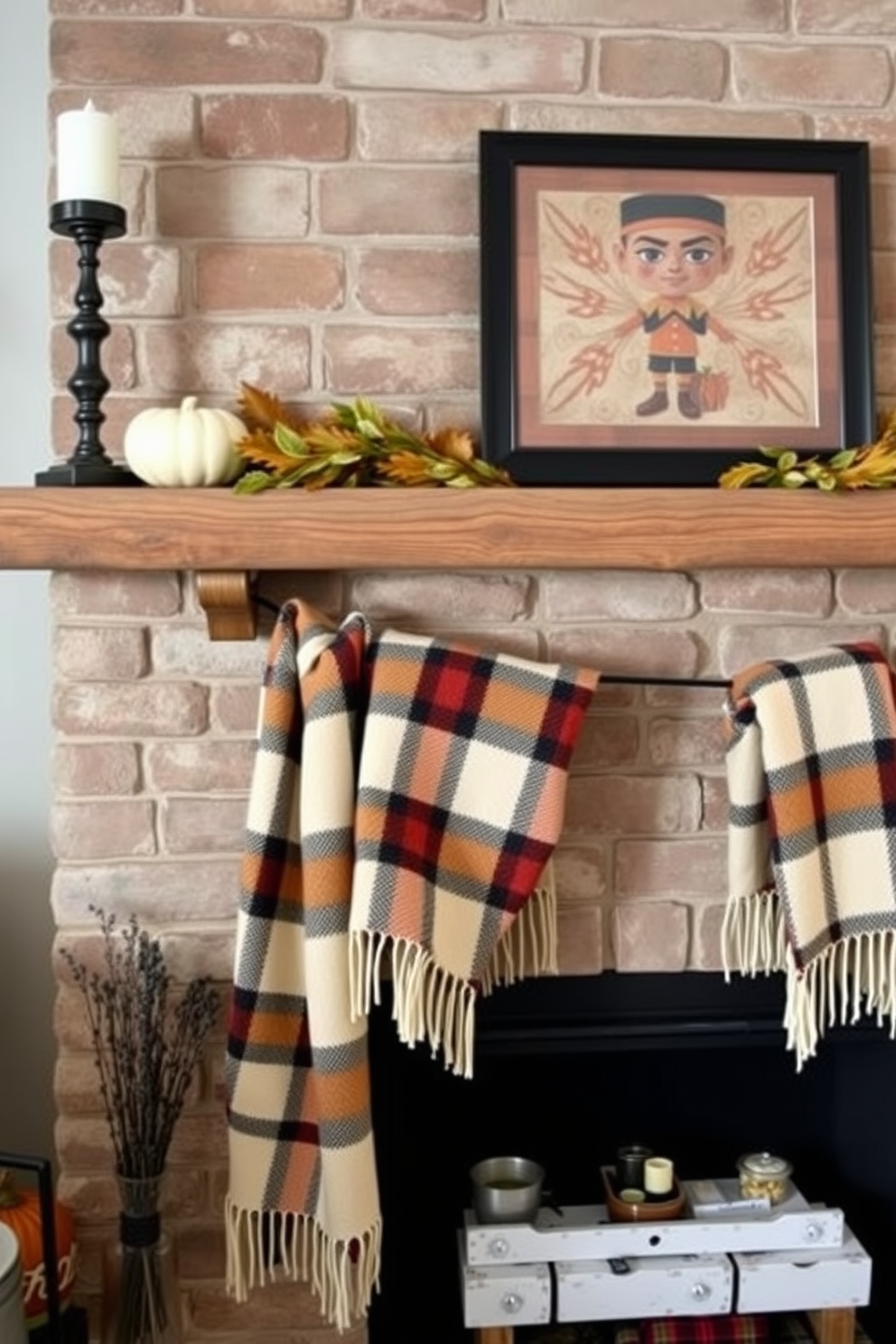 A cozy fireplace adorned for Thanksgiving features a rustic mantel decorated with warm plaid throws. The throws are artfully draped, adding a touch of seasonal charm and inviting warmth to the space.