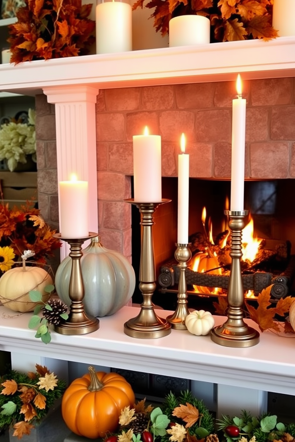 A cozy Thanksgiving fireplace setting adorned with elegant copper or bronze candle holders. The warm glow from the candles casts a soft light on the surrounding autumn decorations, enhancing the festive atmosphere.