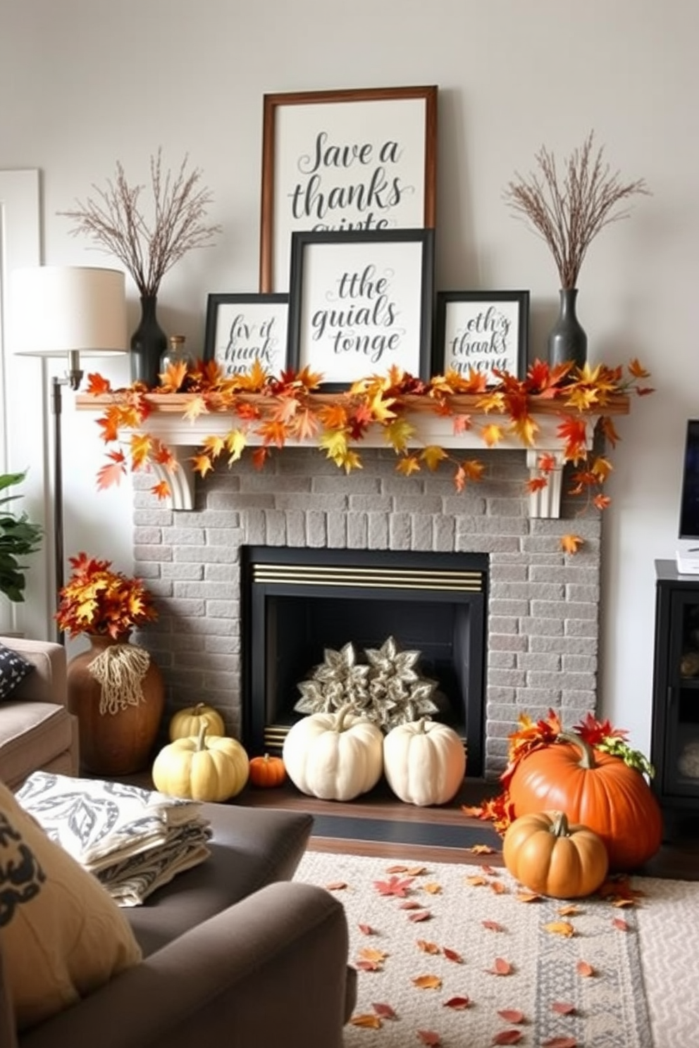 A cozy living room adorned for Thanksgiving. The fireplace is beautifully decorated with seasonal quotes in stylish frames, surrounded by autumn leaves and small pumpkins.