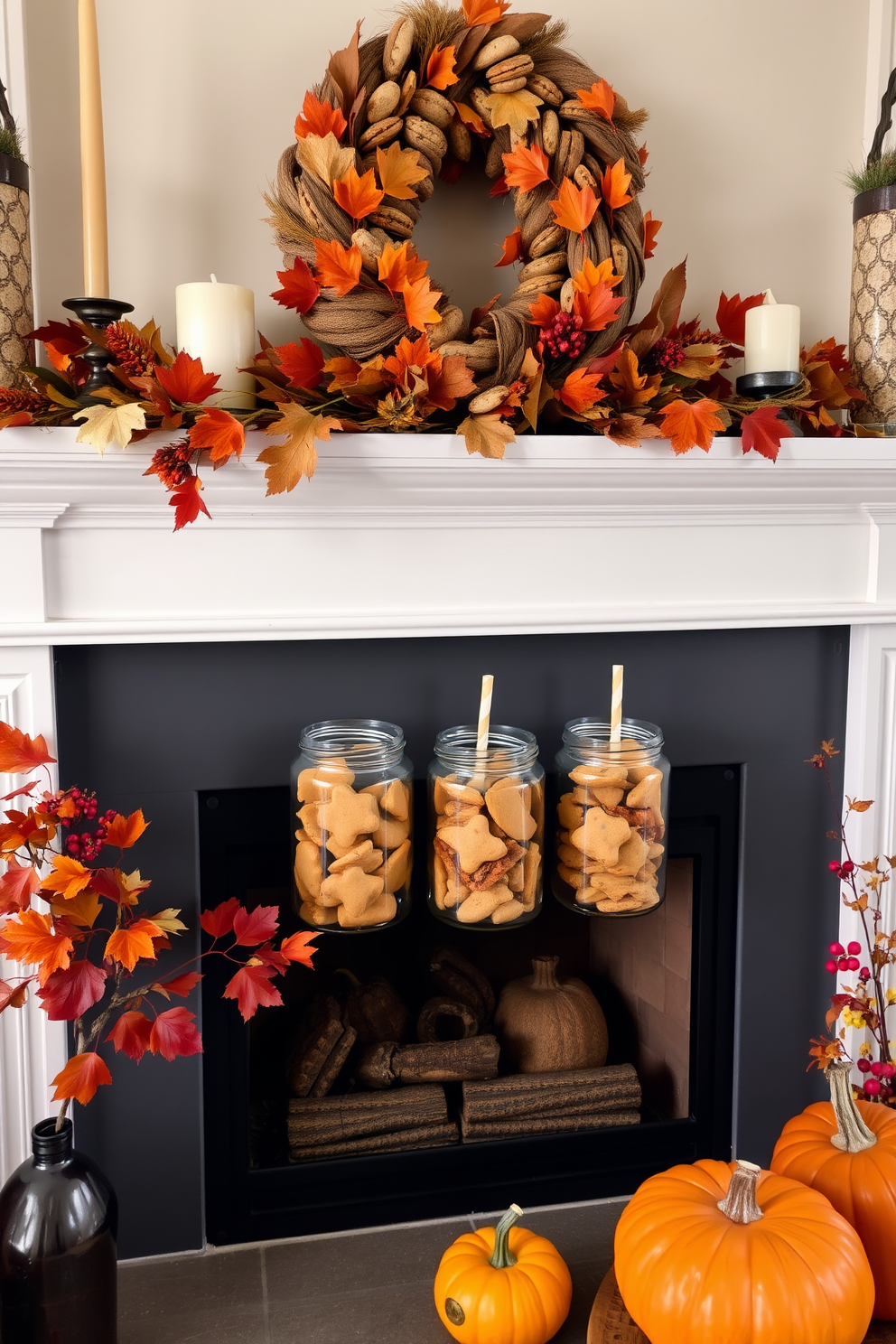 A cozy Thanksgiving setting featuring a beautifully decorated fireplace. The mantel is adorned with glass jars filled with seasonal treats like pumpkin spice cookies and caramel apples, surrounded by autumn leaves and small pumpkins.