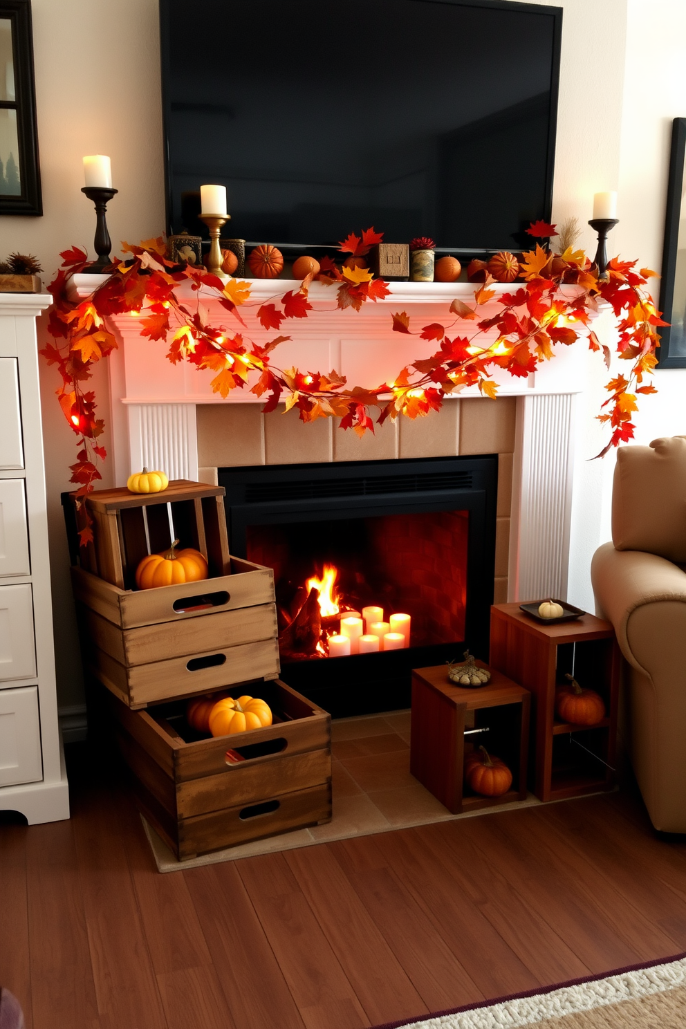 A cozy living room featuring wooden crates as decorative storage. The crates are stacked creatively beside a warm, inviting fireplace adorned with autumn-themed decorations. The fireplace is surrounded by garlands of fall leaves and small pumpkins. Soft, flickering candlelight adds a touch of warmth to the Thanksgiving ambiance.