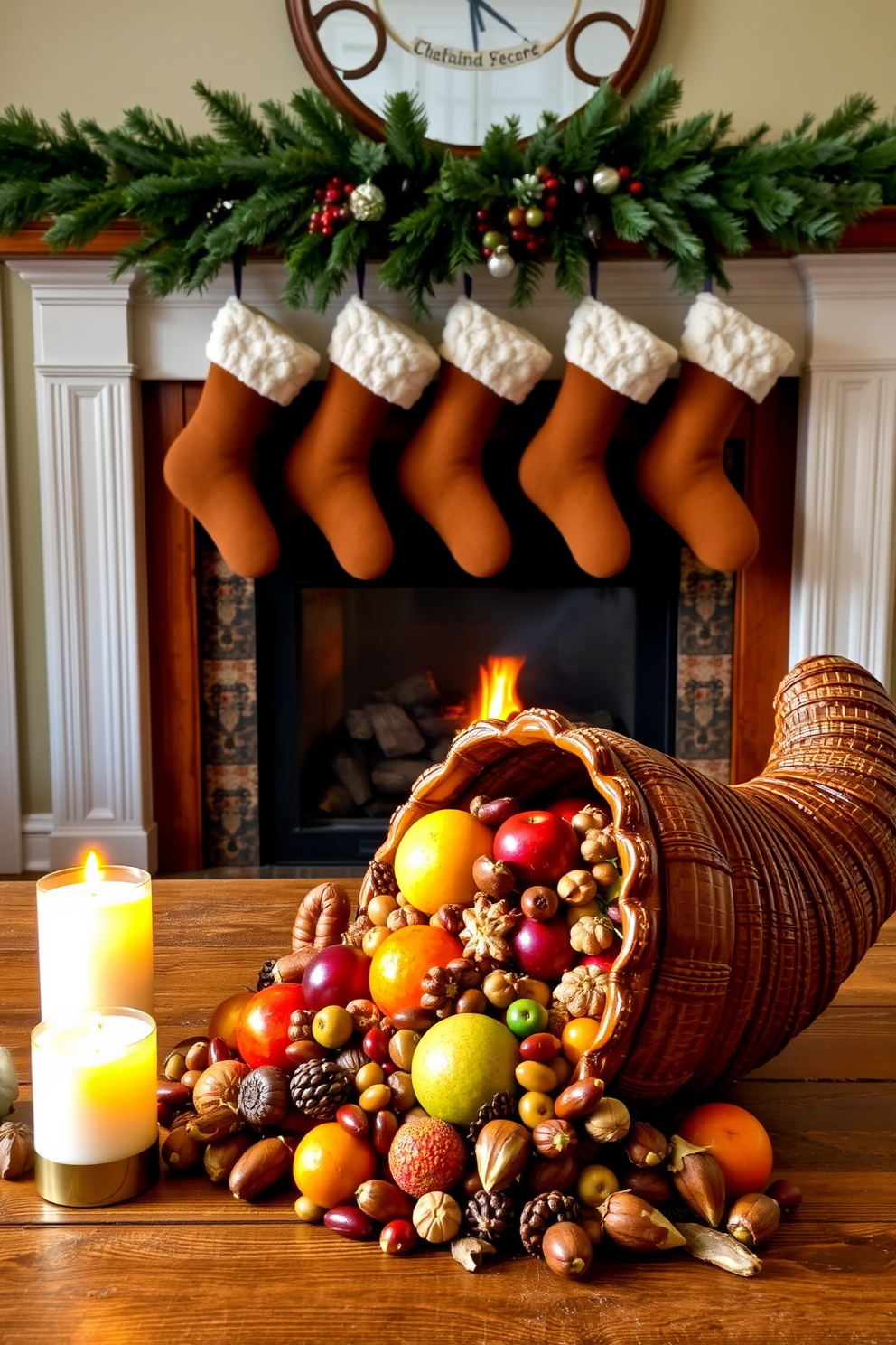 A beautifully arranged cornucopia overflowing with vibrant fruits and assorted nuts sits on a rustic wooden table. The warm autumn colors create a festive atmosphere, enhanced by soft candlelight flickering nearby. A cozy fireplace adorned with seasonal decorations creates an inviting focal point in the room. Plush stockings hang from the mantel, and a garland of pine and berries adds a touch of natural elegance.