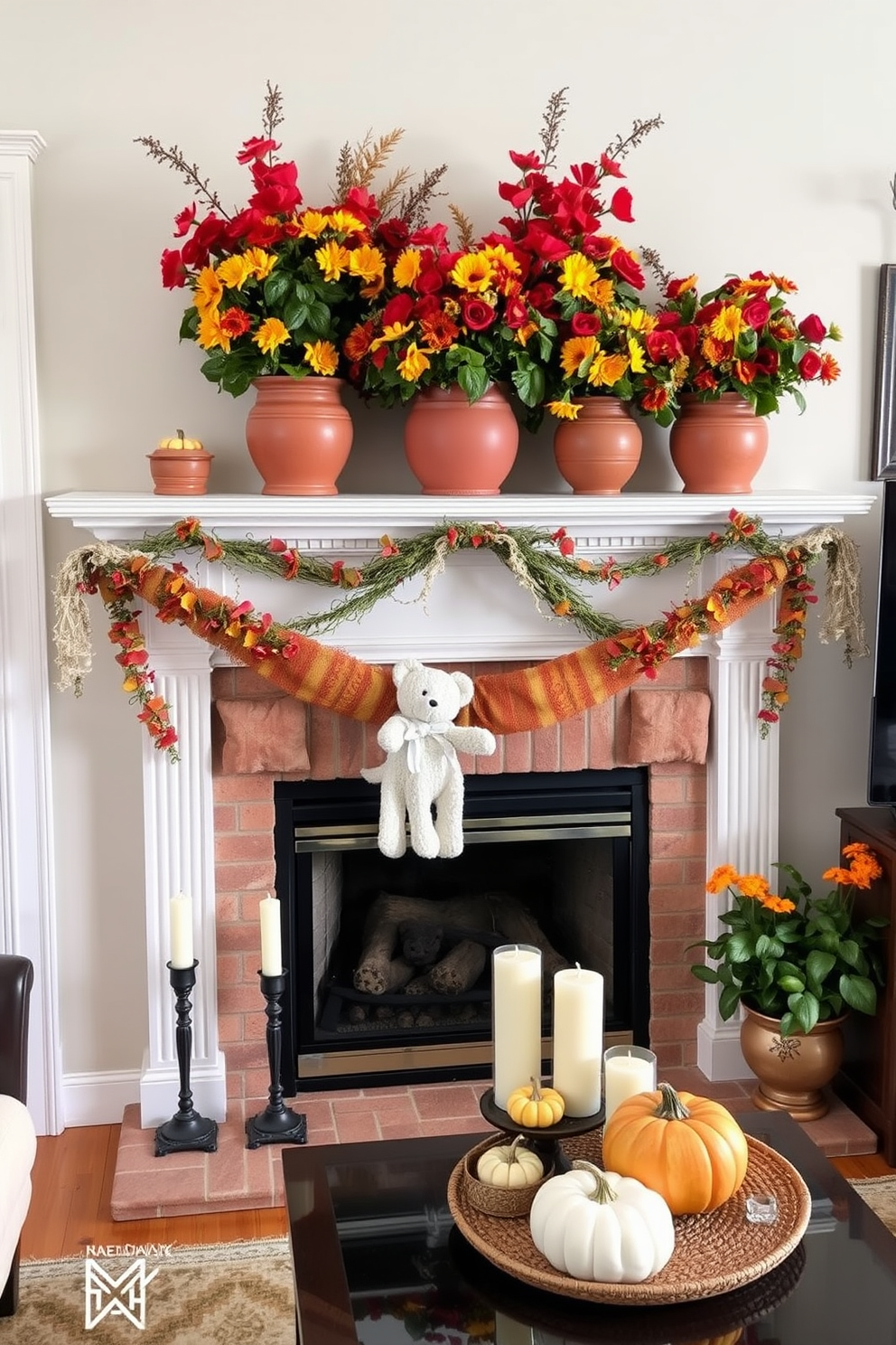 A cozy living room setting featuring a beautifully decorated fireplace adorned with terracotta pots filled with vibrant fall flowers. The mantel is elegantly styled with autumn-themed decorations, including candles and small pumpkins, creating a warm and inviting atmosphere.