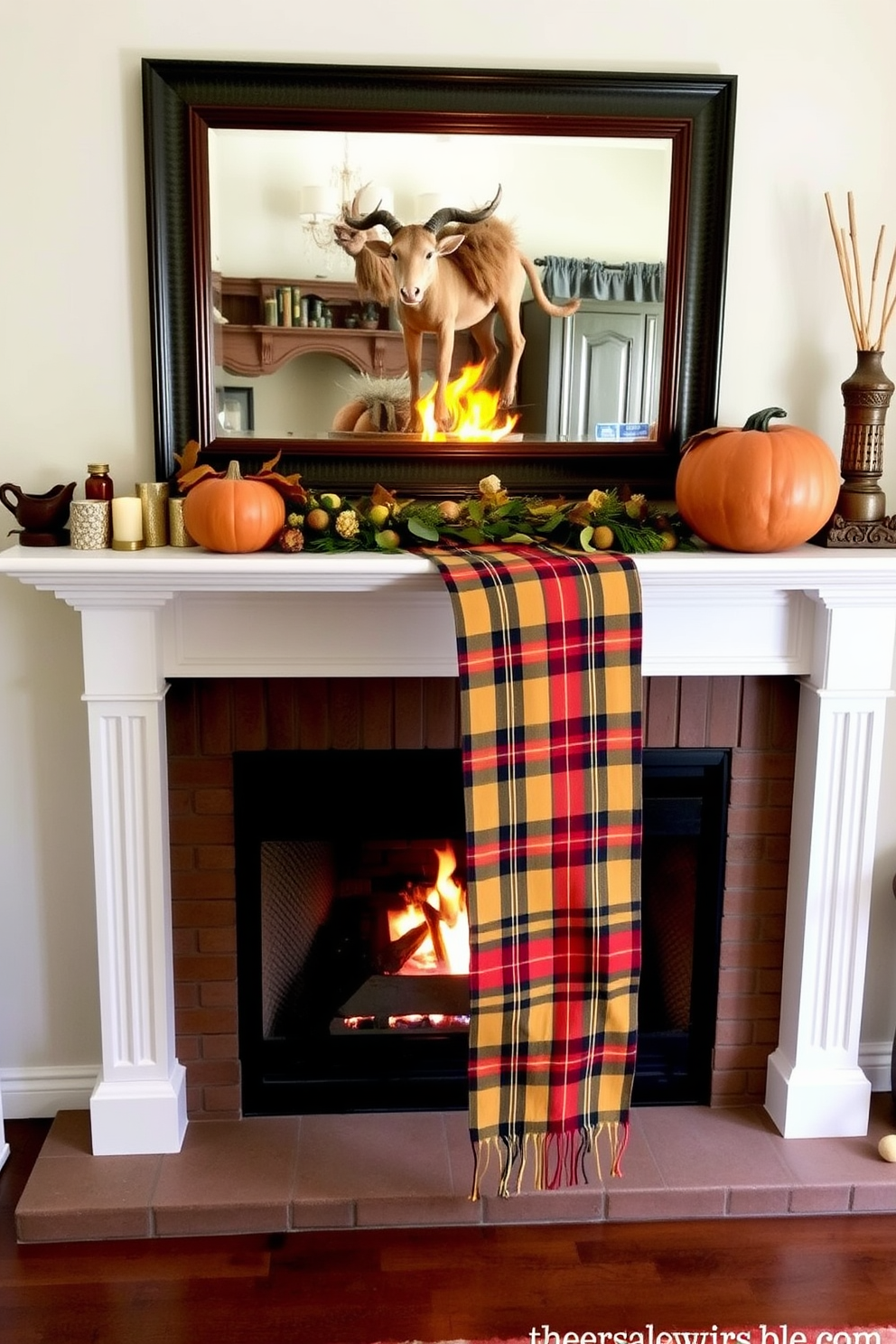 A cozy fireplace adorned with a plaid table runner drapes elegantly across the mantel. The warm autumn colors of the runner complement the flickering flames, creating a welcoming atmosphere for Thanksgiving gatherings.