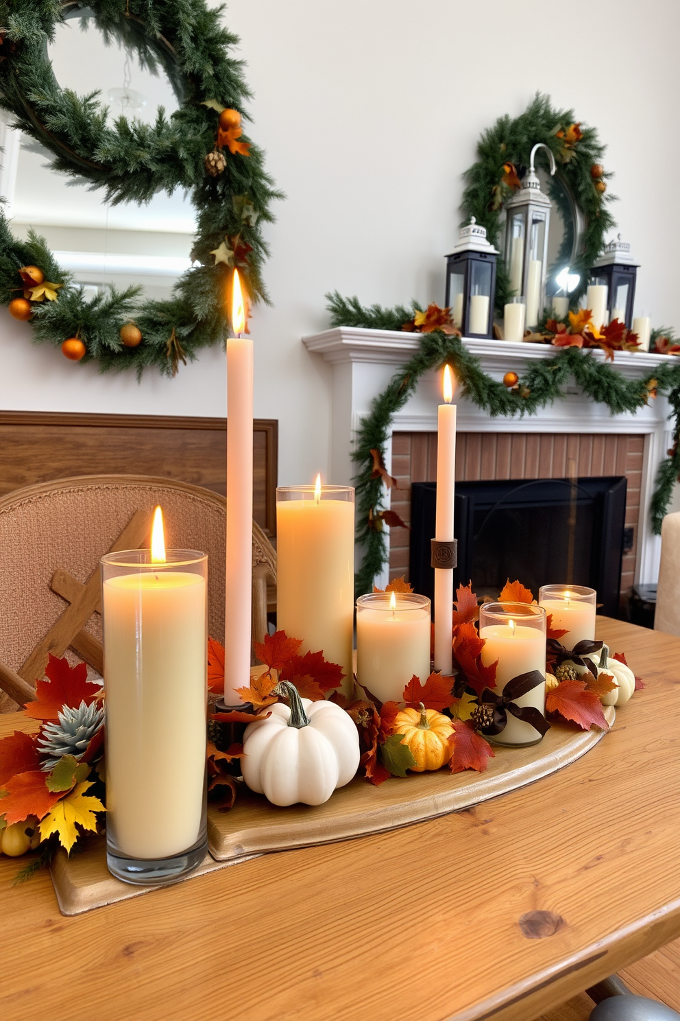 A collection of fall scented candles is arranged on a rustic wooden table, creating a warm and inviting atmosphere. The candles vary in height and are surrounded by autumn leaves and small pumpkins for a festive touch. The fireplace is elegantly decorated with garlands of pine and colorful fall foliage. On the mantel, there are decorative lanterns and a few carefully placed candles that enhance the cozy ambiance of the room.