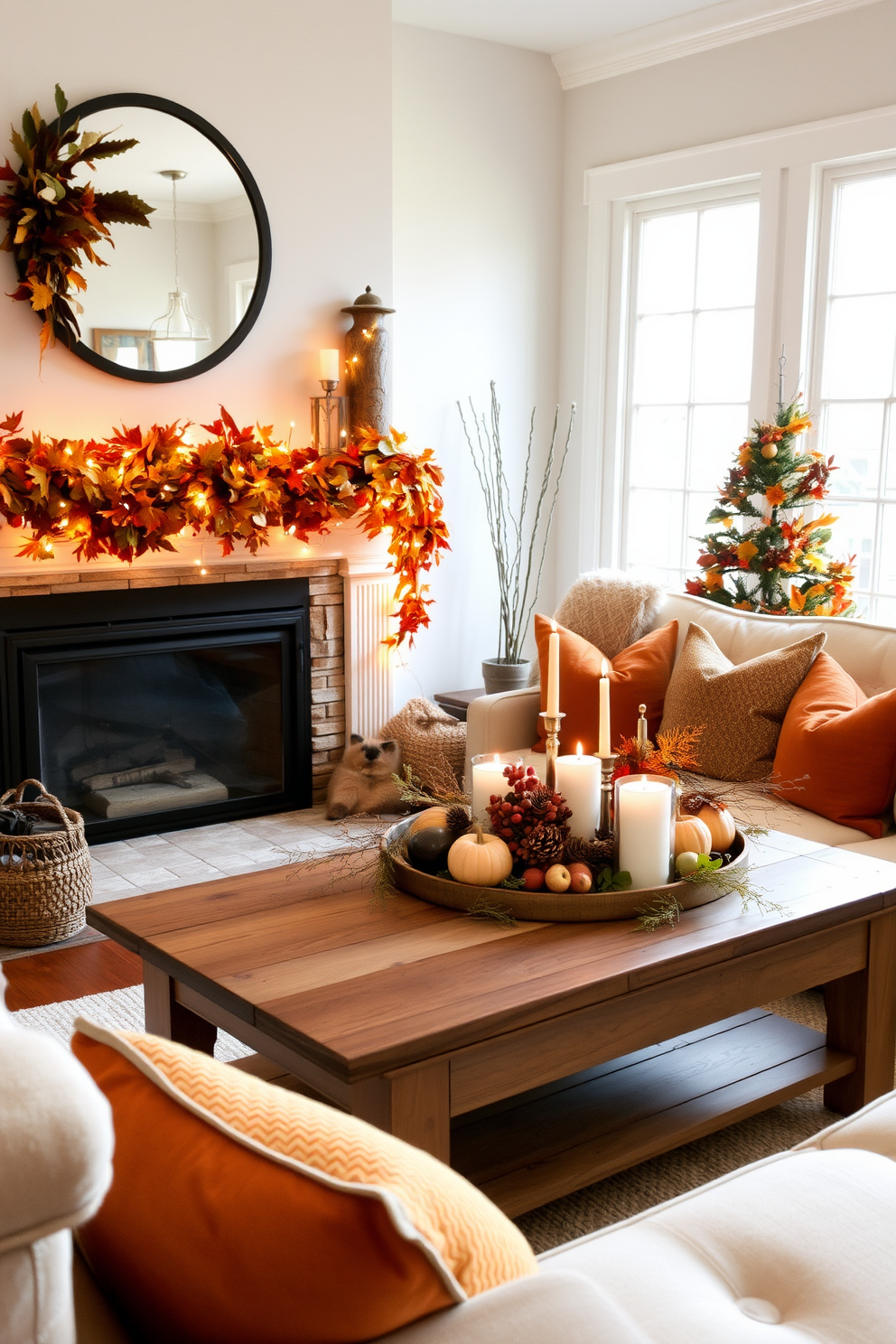 A cozy living room setting adorned with an autumn leaves garland gracefully draped over the mantelpiece. The fireplace is surrounded by warm wooden accents and flickering candles, creating an inviting atmosphere for Thanksgiving celebrations.