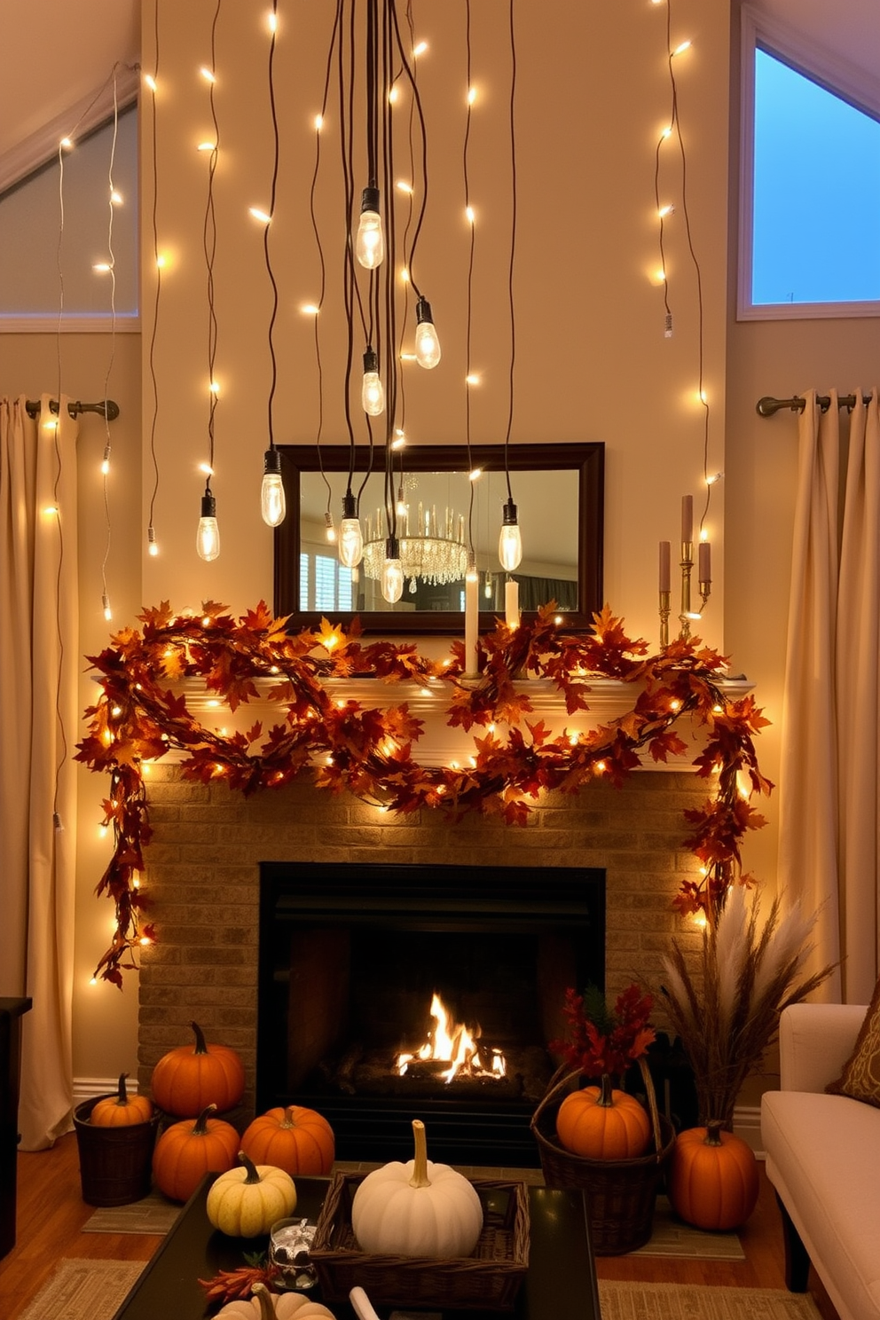 A cozy living room setting adorned with hanging string lights that cast a warm and inviting glow. The fireplace is elegantly decorated with autumn-themed accents, including pumpkins and garlands of leaves, creating a festive atmosphere for Thanksgiving.