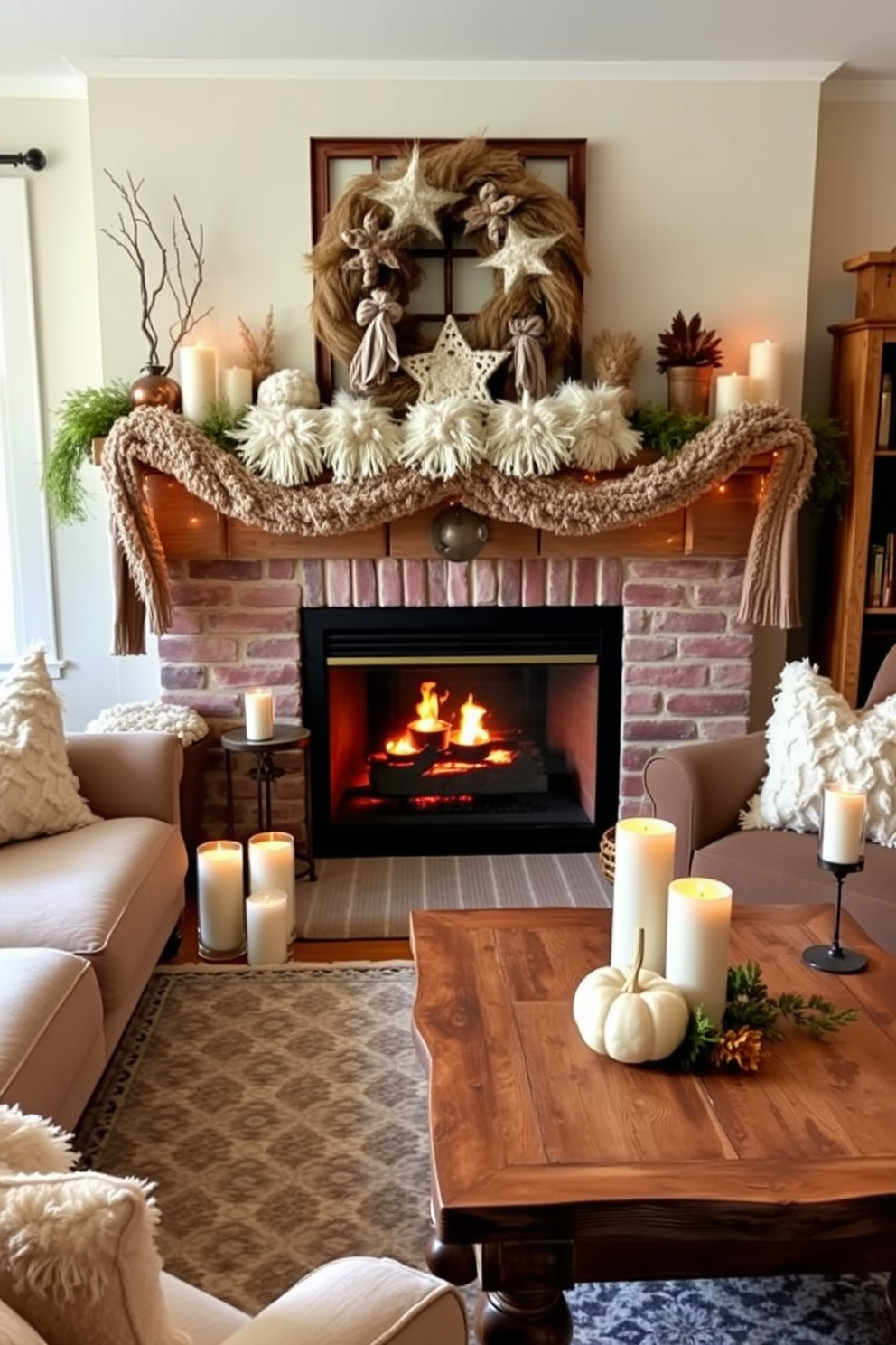 A cozy living room adorned with earthy tones and rustic wooden accents. The focal point is a beautifully decorated Thanksgiving fireplace, featuring a mantle adorned with autumn leaves, pumpkins, and candles. The walls are painted in warm beige, complemented by a rich mahogany coffee table. Plush seating in muted greens and browns invites relaxation, while a woven basket filled with firewood adds to the rustic charm.