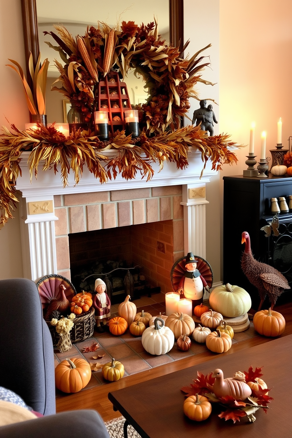 A cozy living room adorned for Thanksgiving. The fireplace is decorated with seasonal figurines such as turkeys and pilgrims, surrounded by autumn leaves and small pumpkins. Above the mantel, a garland of dried corn and fall foliage adds a festive touch. Warm candlelight flickers in the background, creating an inviting atmosphere for family gatherings.