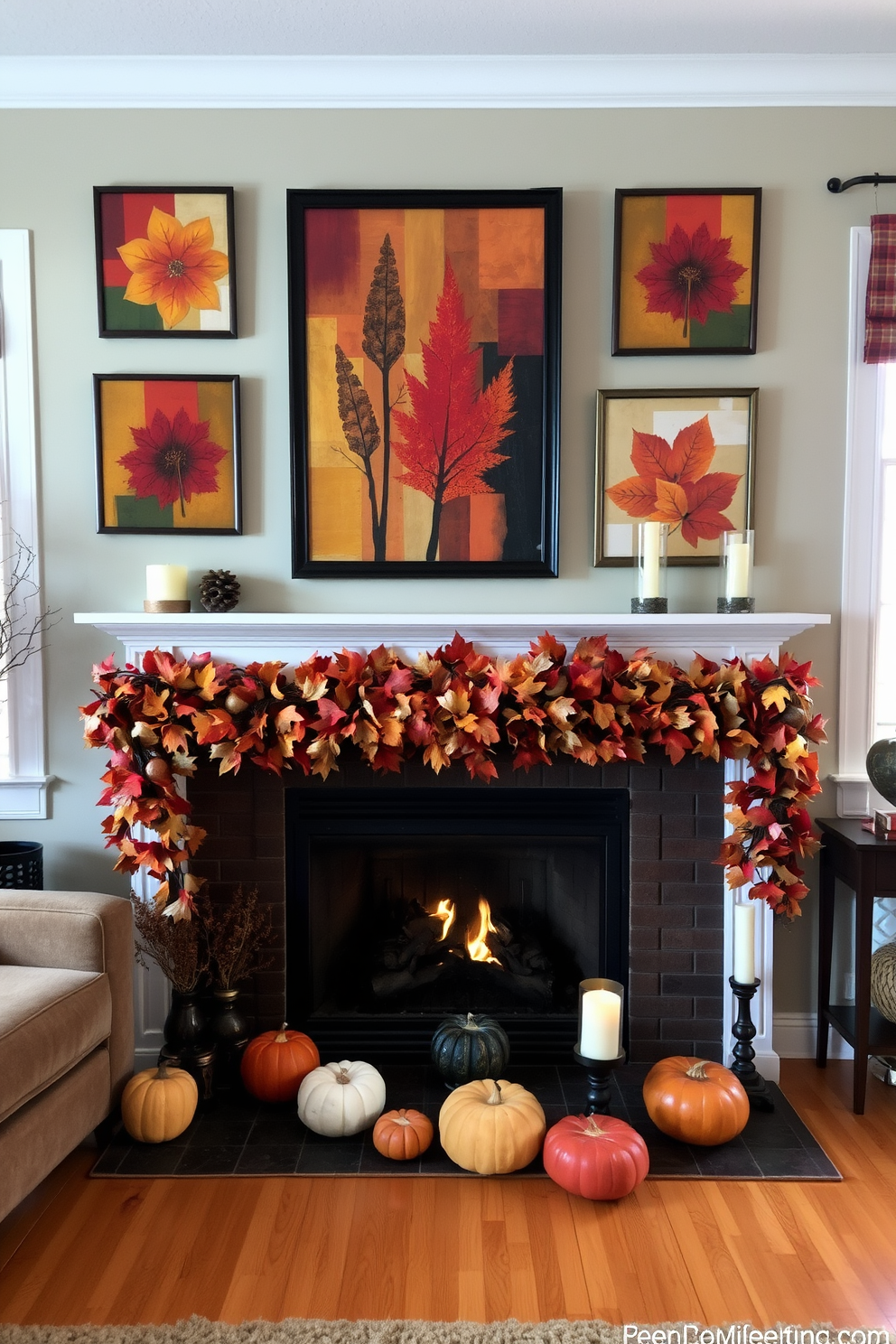 A cozy living room adorned with mixed media art pieces that showcase vibrant autumn colors. The fireplace is elegantly decorated with a garland of leaves, pumpkins, and candles, creating a warm and inviting atmosphere for Thanksgiving.