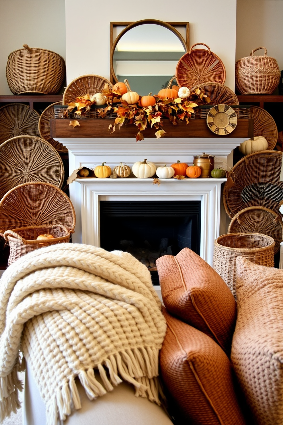 Hand-painted pumpkins with intricate designs are arranged on a rustic wooden table, showcasing various autumn colors and patterns. A cozy fireplace is adorned with garlands of dried leaves and twinkling fairy lights, creating a warm and inviting atmosphere for Thanksgiving celebrations.