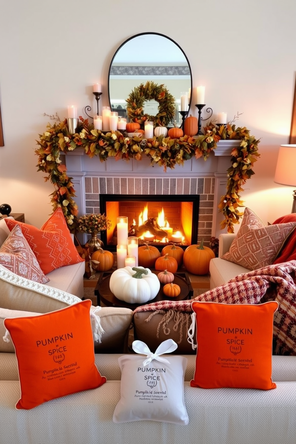 A cozy living room adorned with seasonal artwork showcasing turkeys and harvest themes for Thanksgiving. The fireplace is elegantly decorated with a garland of autumn leaves, small pumpkins, and candles, creating a warm and inviting atmosphere.