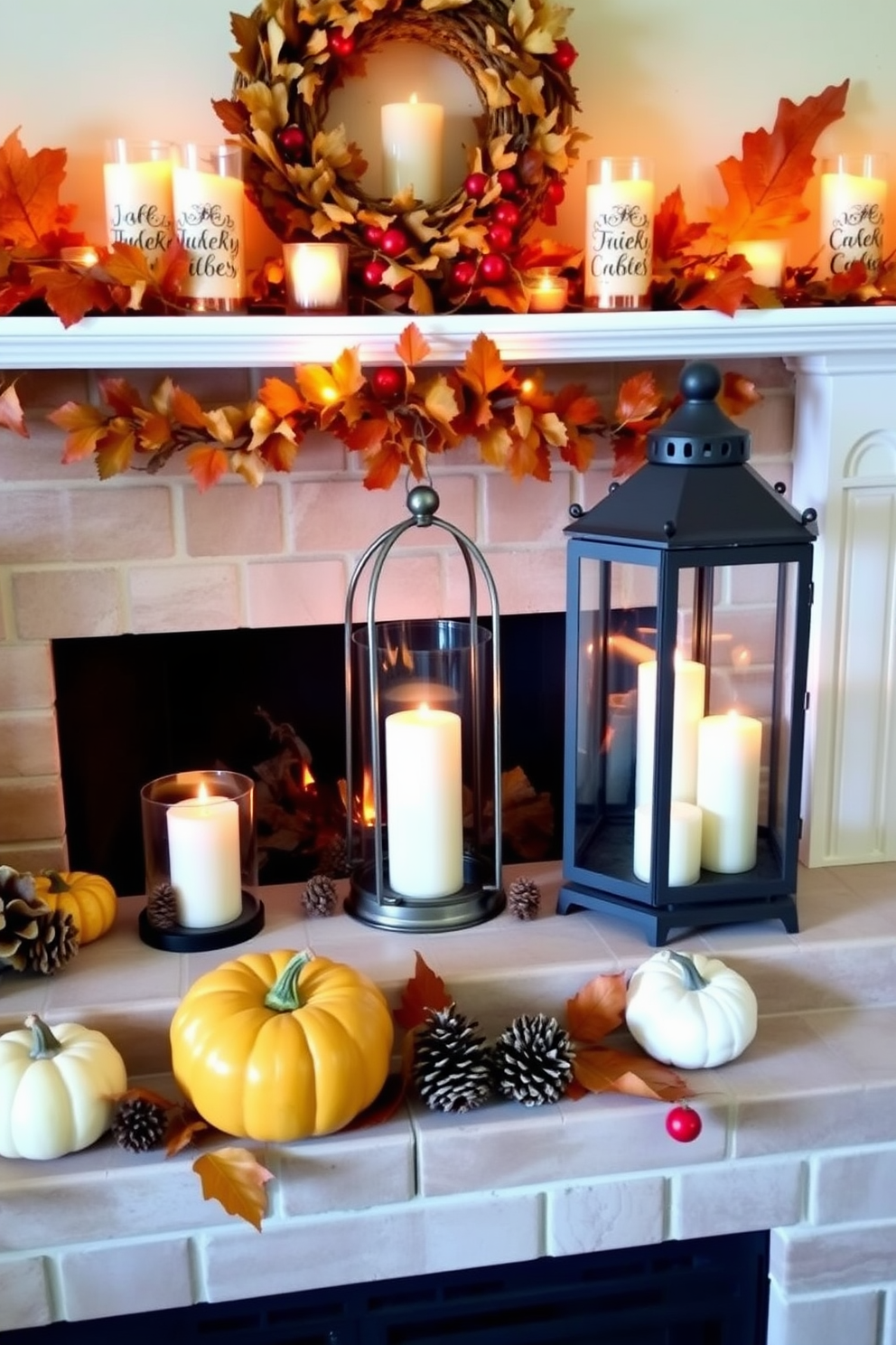 A cozy fireplace adorned for Thanksgiving features a garland made of dried corn and wheat draped elegantly across the mantel. The warm glow of the fire complements the rustic charm, while small pumpkins and candles are placed on either side to enhance the festive atmosphere.