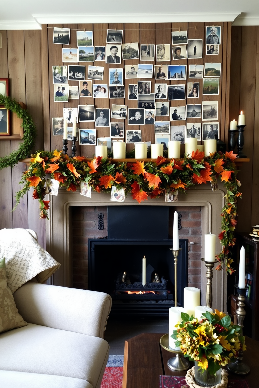 A cozy living room setting adorned with vintage postcards and photos hung on a rustic wooden wall. The focal point is a beautifully decorated fireplace, featuring autumn-themed garlands and a collection of candles in varying heights.