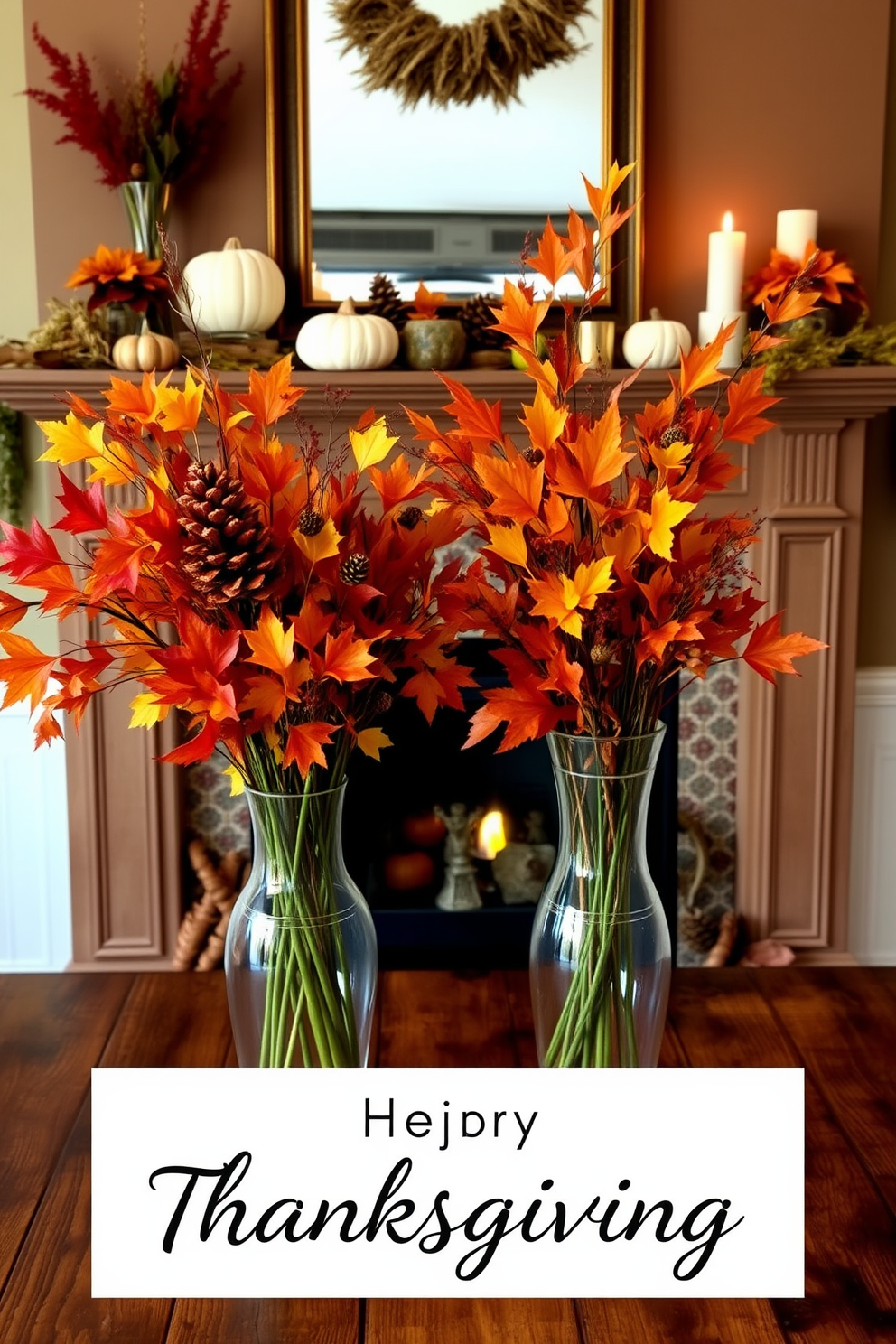 Colorful fall foliage in vases creates a warm and inviting atmosphere for Thanksgiving. The vases are filled with vibrant reds, oranges, and yellows, arranged artistically on a rustic wooden table. The fireplace is adorned with seasonal decorations that reflect the spirit of Thanksgiving. Pumpkins, pinecones, and candles are thoughtfully placed on the mantel, enhancing the cozy ambiance of the room.