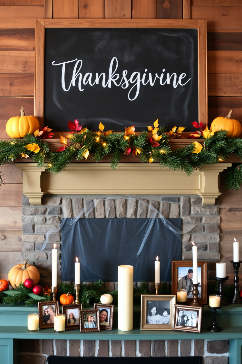 A cozy Thanksgiving fireplace setting adorned with layered textures of burlap and lace. The burlap table runner drapes elegantly across the mantel, while delicate lace accents peek out from beneath seasonal decorations.