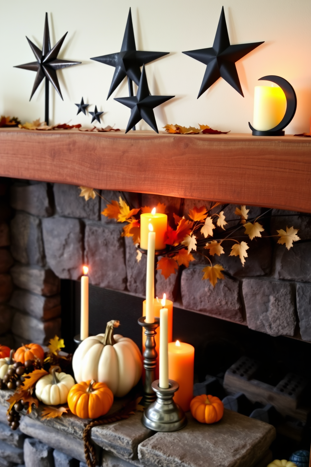 Colorful candles in varied heights are artfully arranged on the mantel of a cozy fireplace. The warm glow of the flames complements the rich autumn hues of the candles, creating an inviting atmosphere for Thanksgiving.