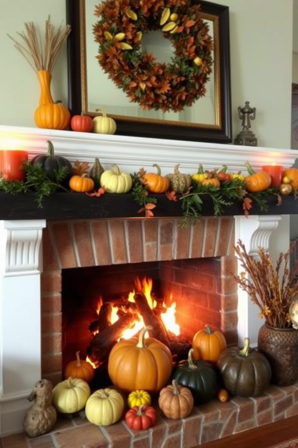 A cozy fireplace adorned for Thanksgiving features an array of colorful gourds in varying sizes arranged artfully on the mantel. The warm glow of the fire complements the rich autumn hues of the gourds, creating an inviting atmosphere perfect for the holiday season.