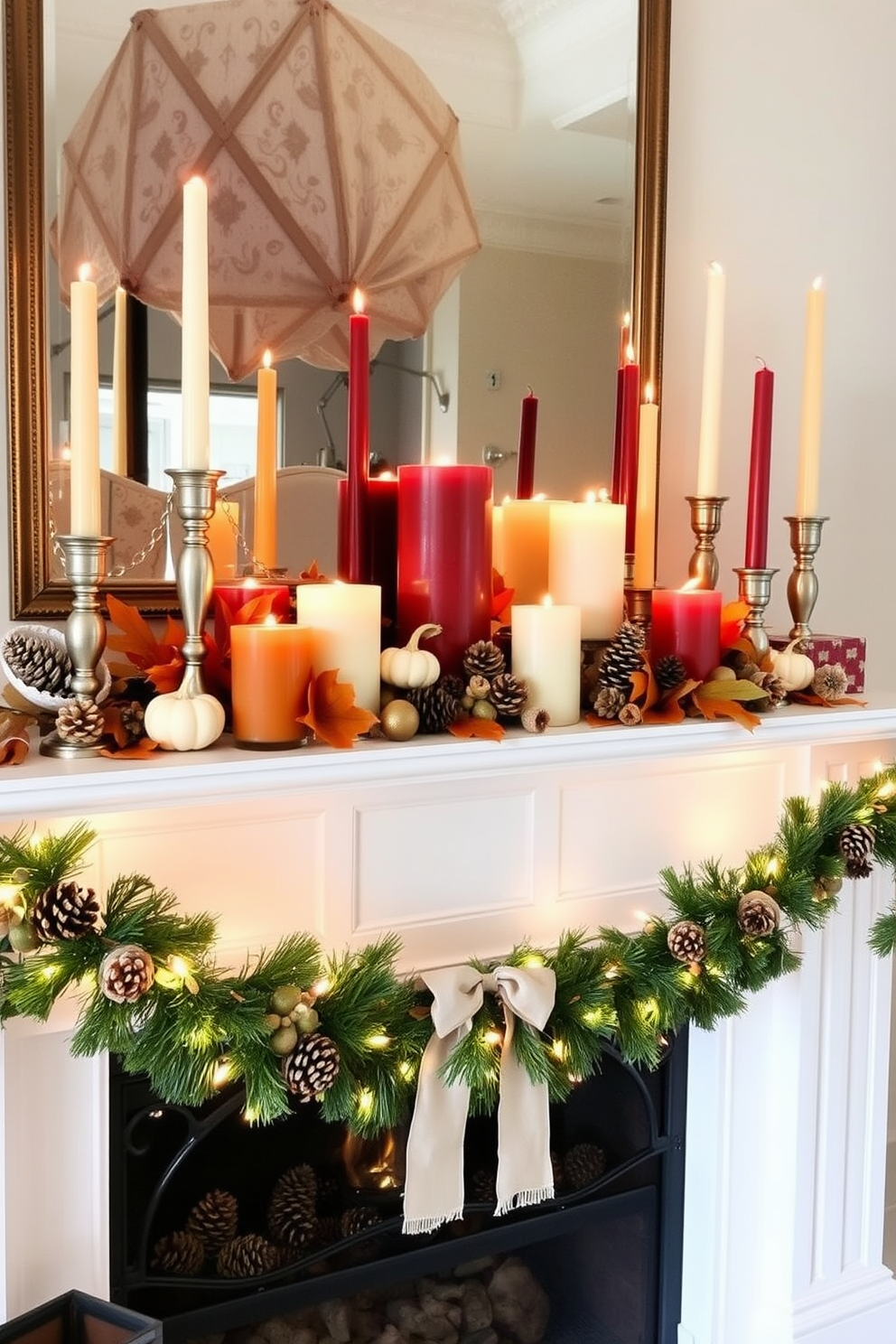 Create a cozy Thanksgiving fireplace setting adorned with candles of varying heights and colors. Arrange the candles on the mantelpiece, mixing warm tones like deep orange, burgundy, and soft cream to enhance the festive atmosphere. Incorporate seasonal decorations such as autumn leaves and small pumpkins around the candle arrangement. The fireplace itself should be elegantly decorated with a garland of pinecones and twinkling fairy lights for added warmth and charm.